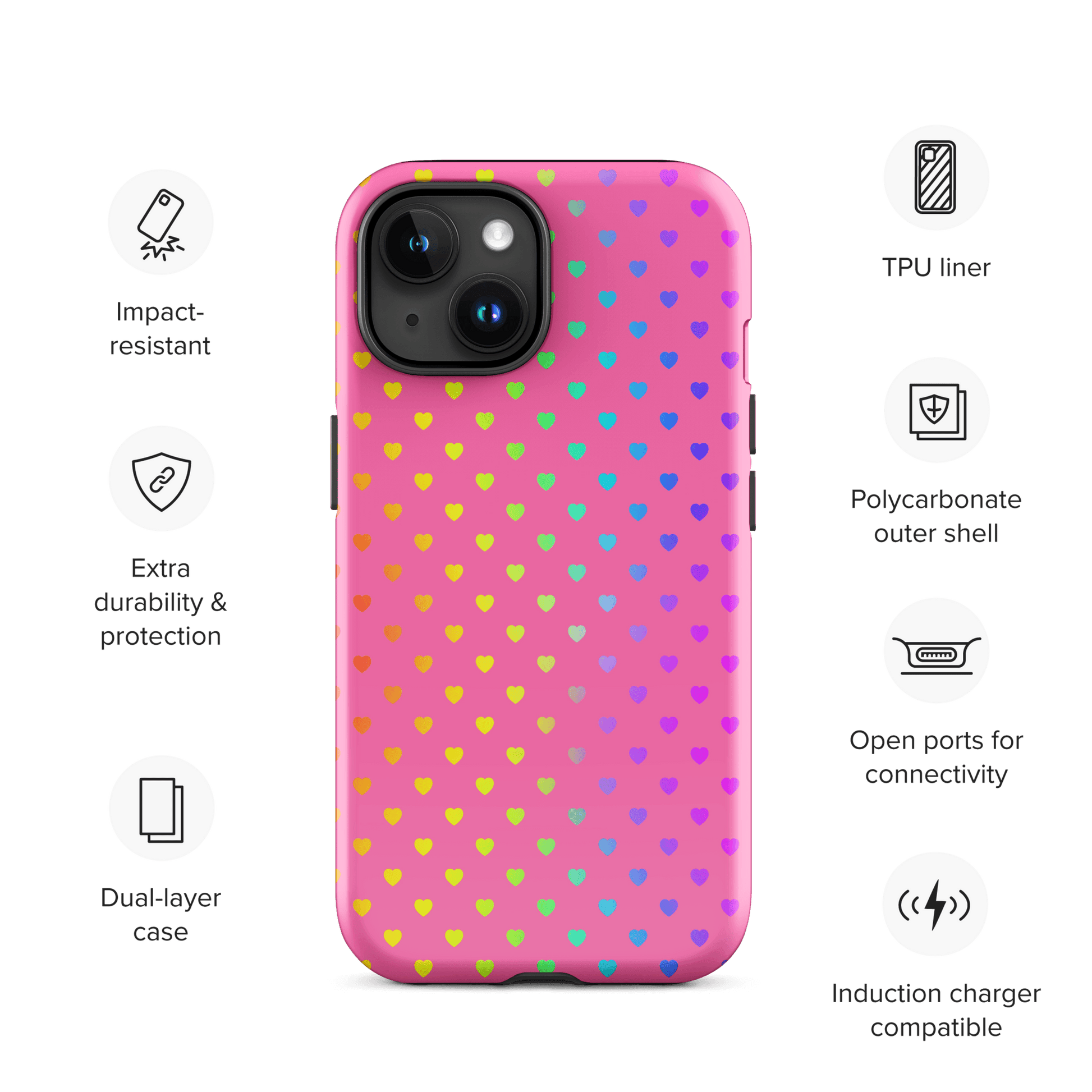 Phone Case for iPhone with cute rainbow hearts design on pink background, dual-layer protection, playful and colorful.