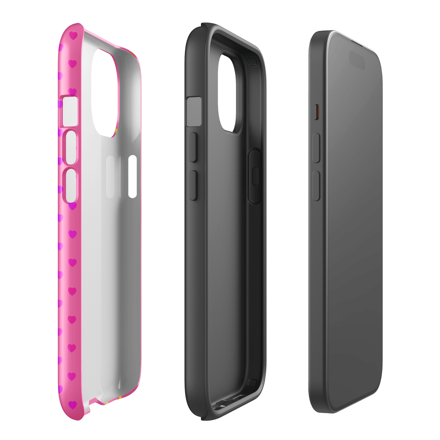 Phone Case for iPhone with cute rainbow hearts on pink background, dual-layer design shown separately.