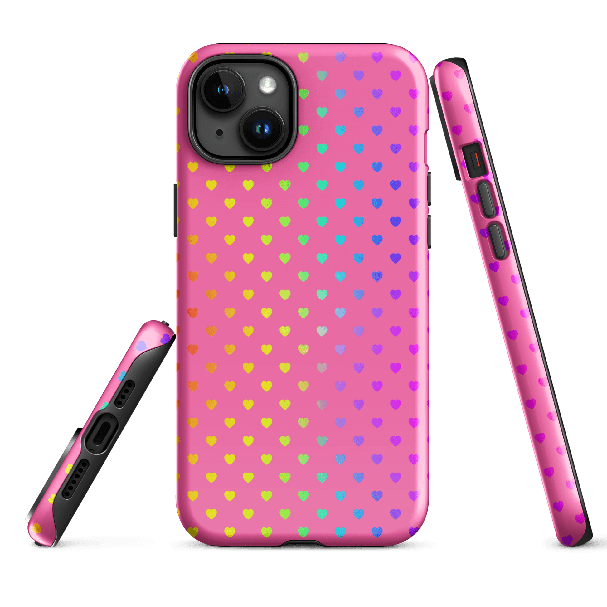 Phone Case for iPhone with cute rainbow hearts on pink background, showing front, side, and back views.