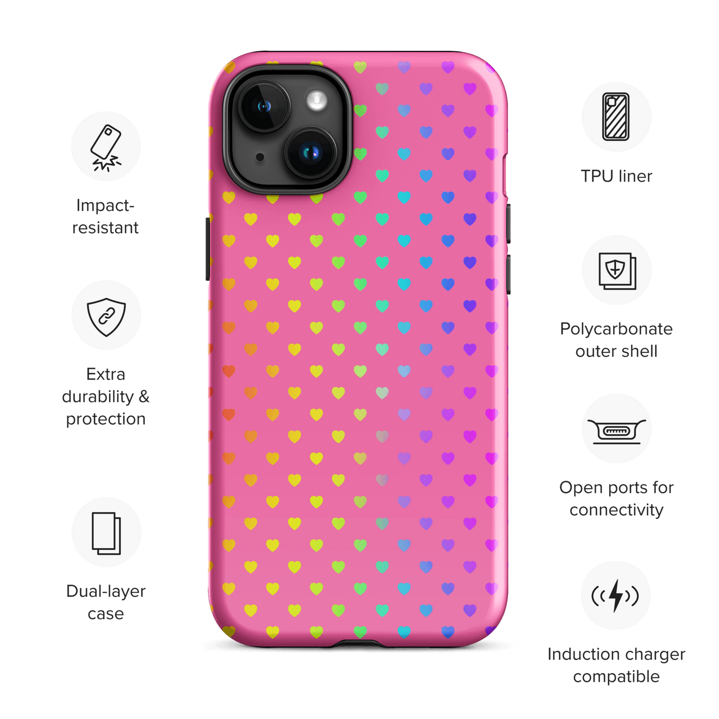 Phone Case for iPhone with cute rainbow hearts design on pink background with dual-layer protection.