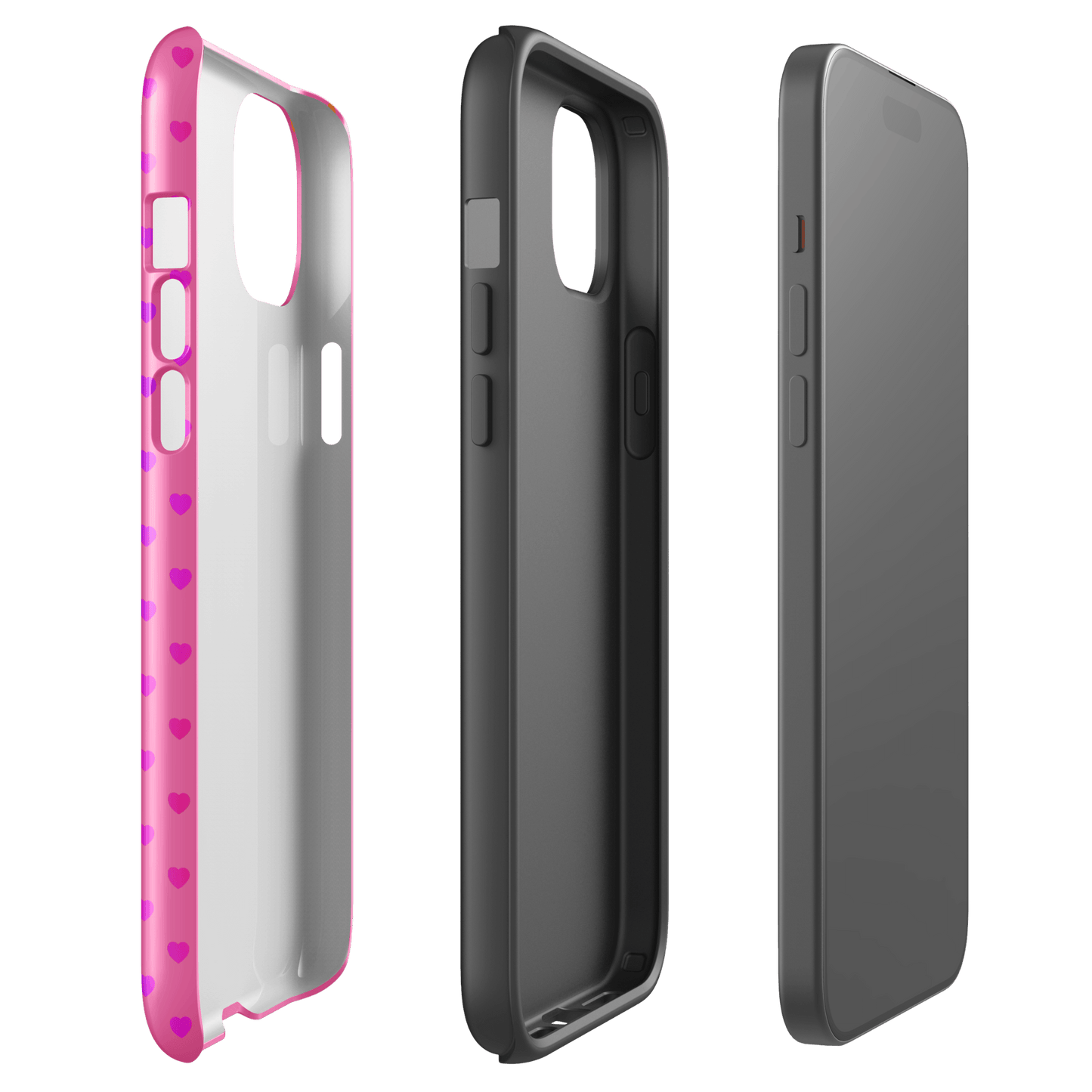 Phone Case for iPhone with cute rainbow hearts on pink background showing dual-layer design.