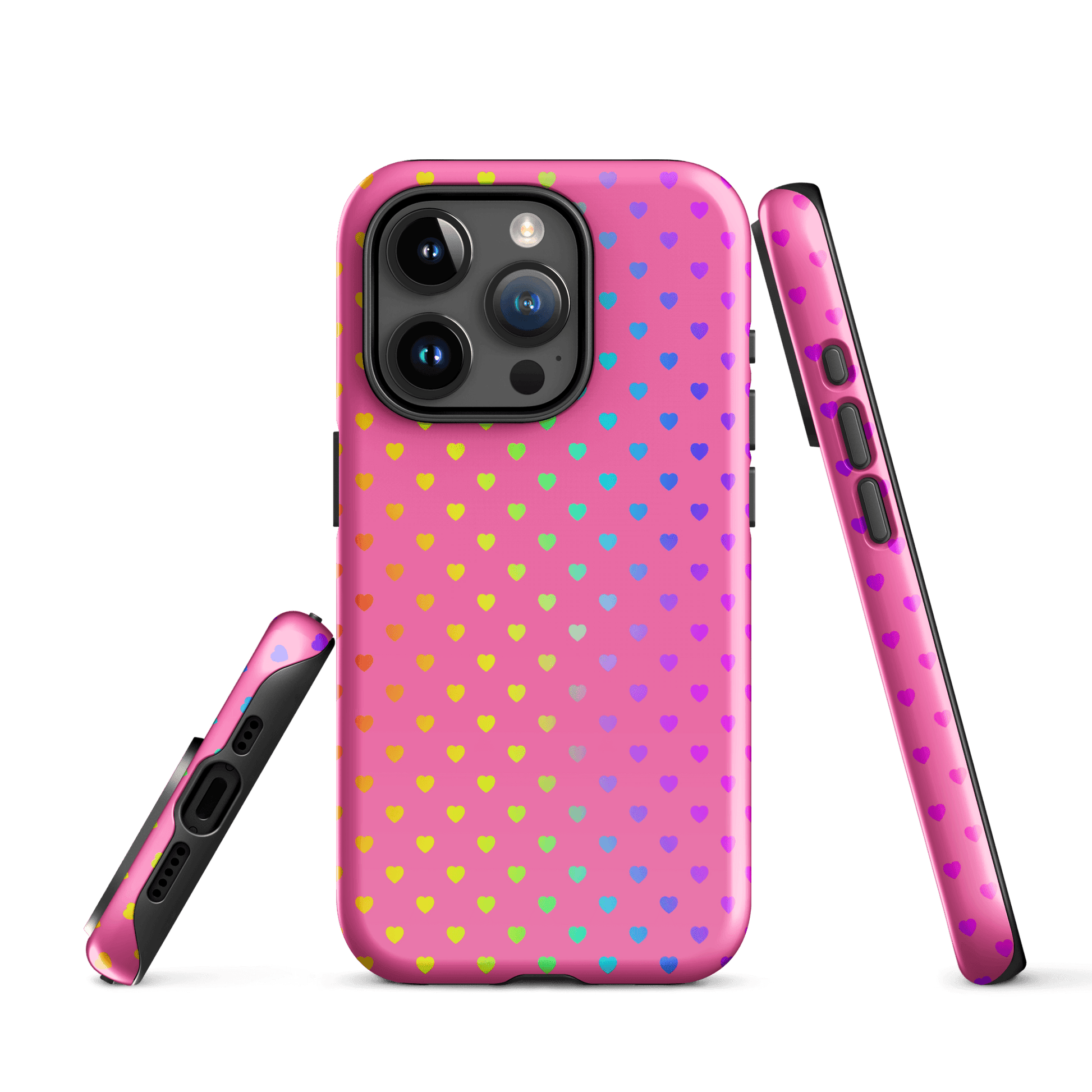 Phone Case for iPhone with cute rainbow heart design on pink background, showcasing vibrant and playful style for fashion-forward protection.
