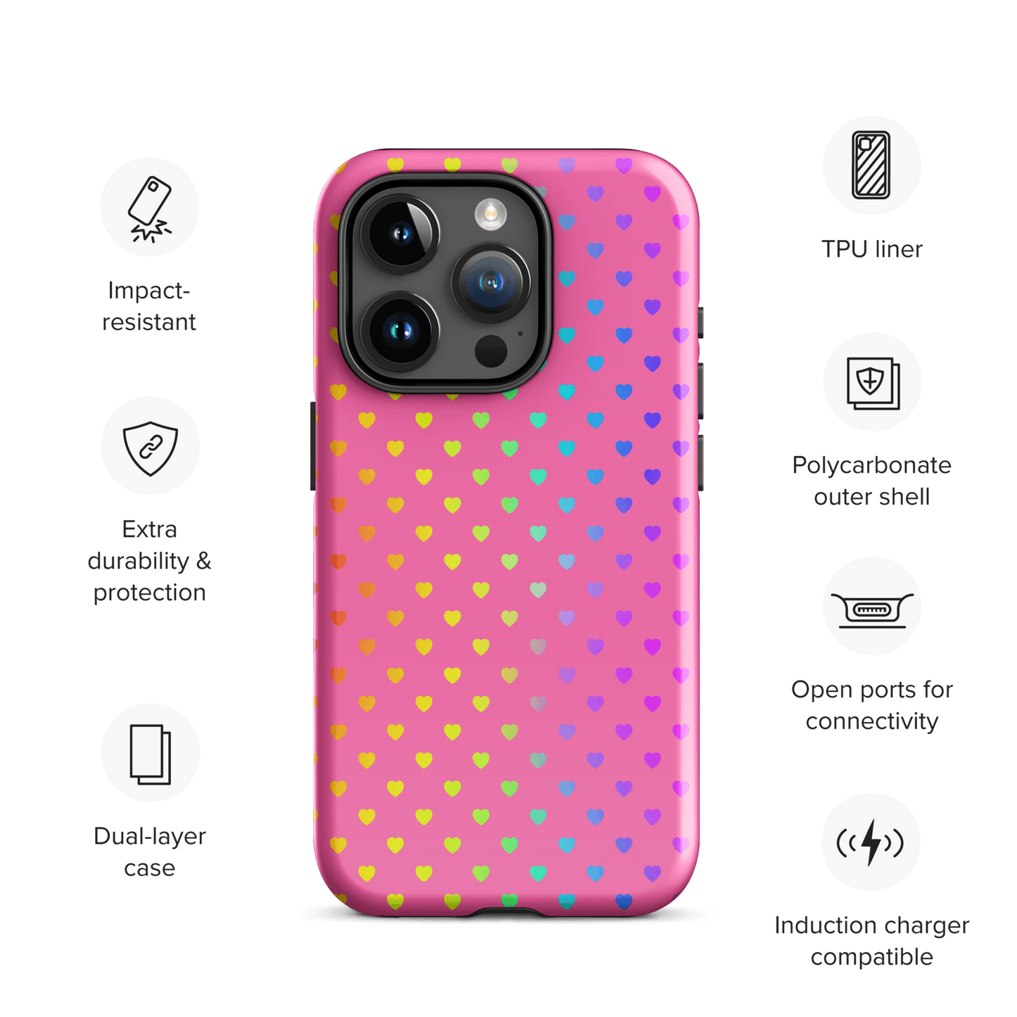 Phone Case for iPhone with cute rainbow hearts on pink background, showcasing fun design and dual-layer protection features.