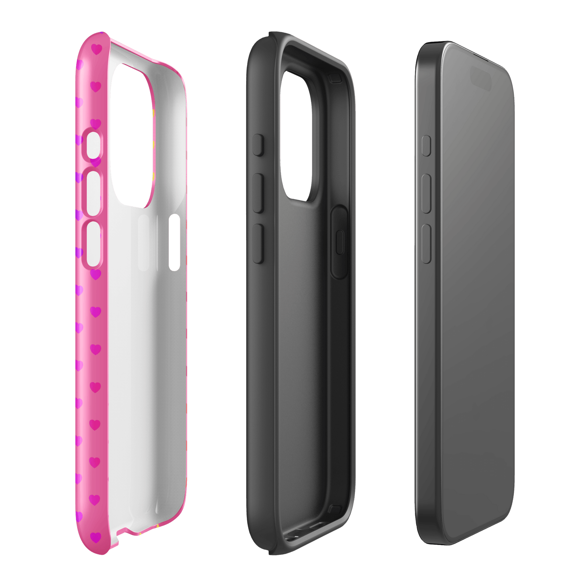 Phone Case for iPhone with cute rainbow hearts design on a pink background, showcasing side and back views of the dual-layer structure.