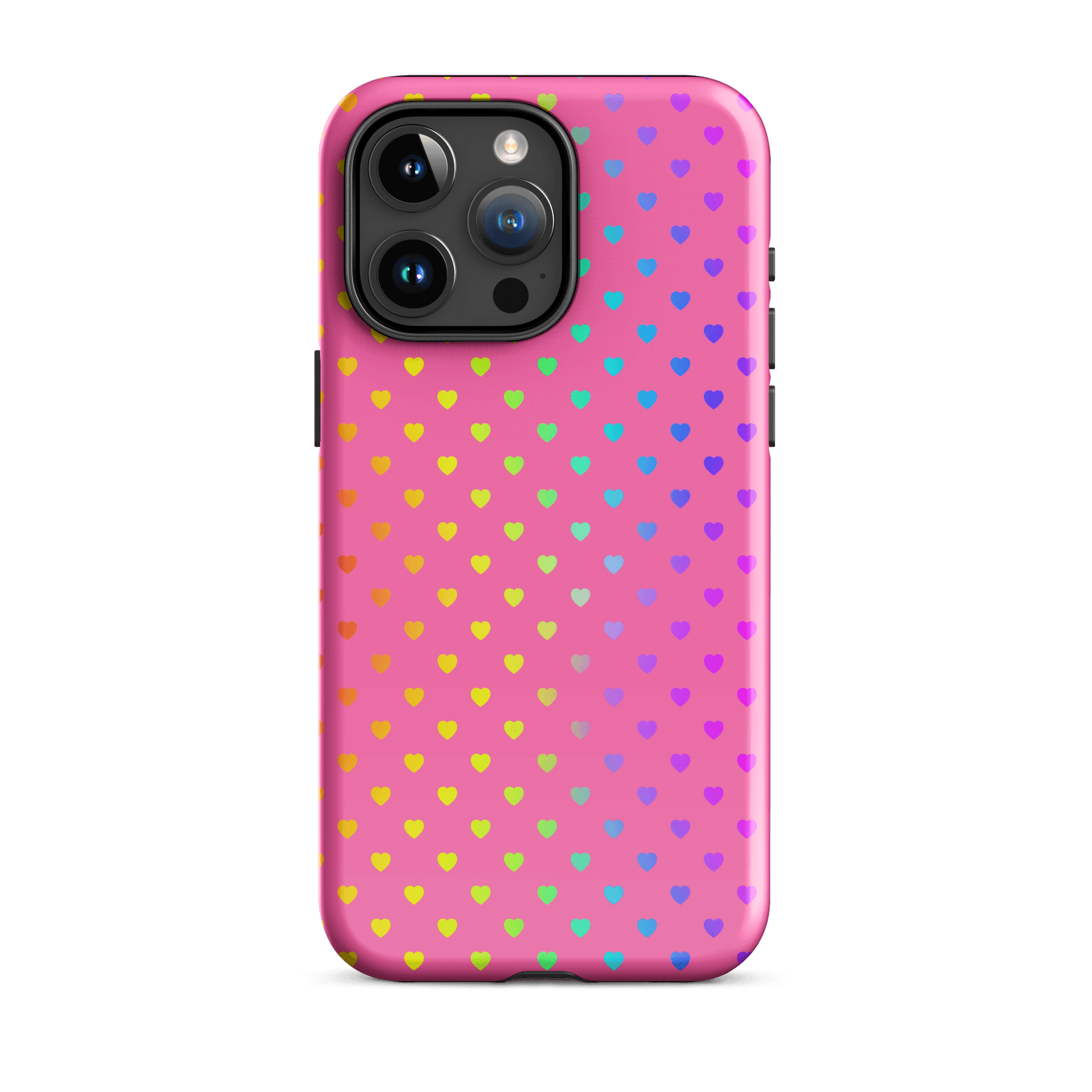 Phone Case for iPhone with cute rainbow hearts on pink background, dual-layer protection, colorful and cheerful design.
