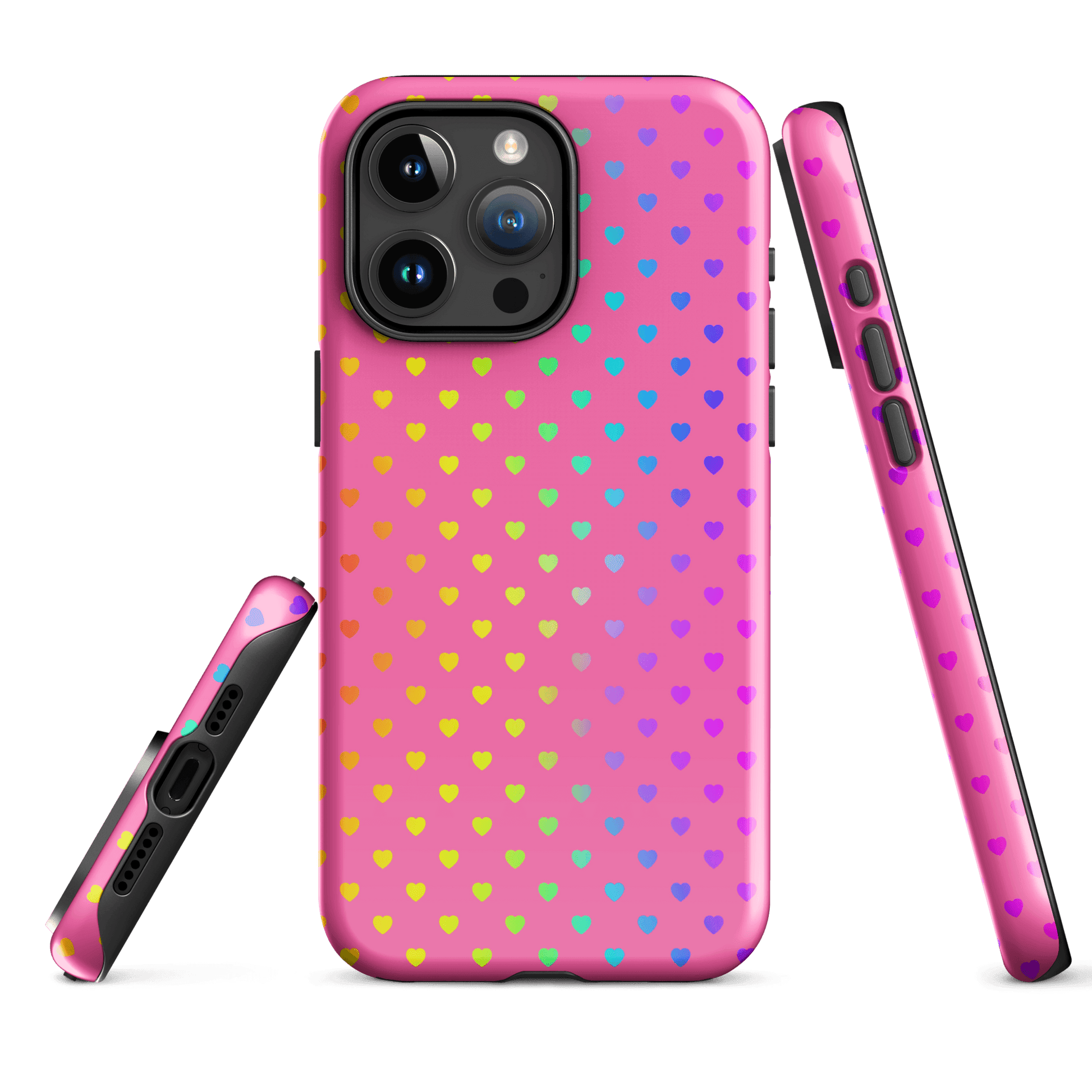 Phone Case with rainbow hearts design on pink background for iPhone, showcasing vibrant and playful style.