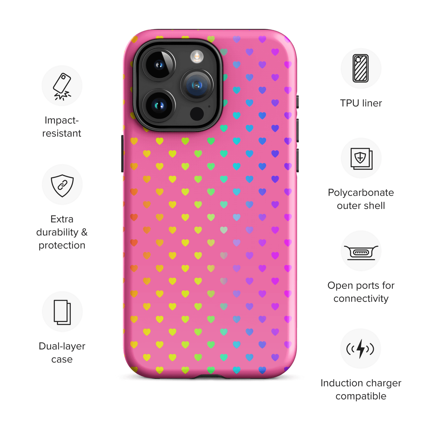 Phone Case for iPhone with cute rainbow hearts design on pink background, offering dual-layer protection.
