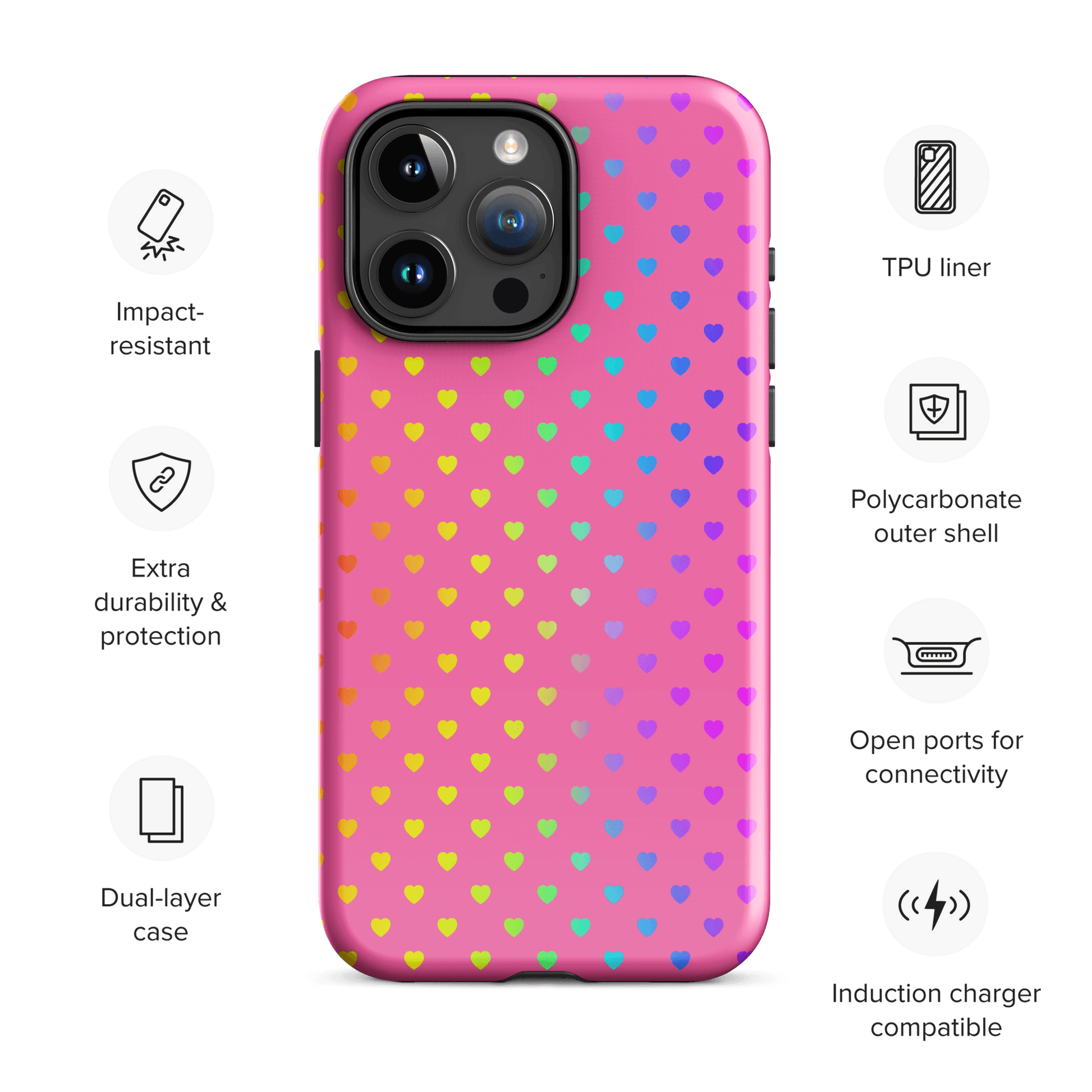 Phone Case for iPhone with cute rainbow hearts design on pink background, offering dual-layer protection.