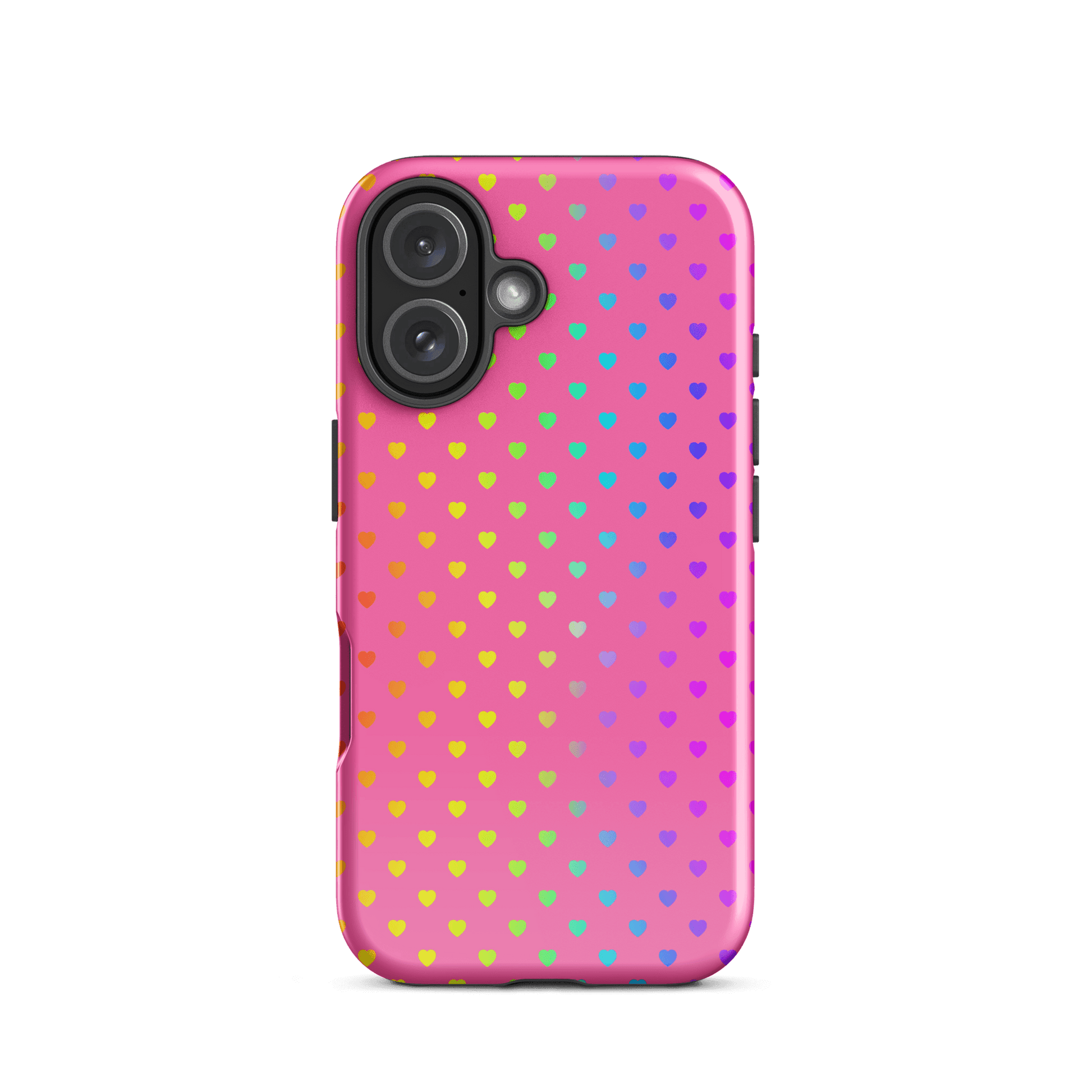 Phone Case with cute rainbow hearts design on pink background for iPhone.