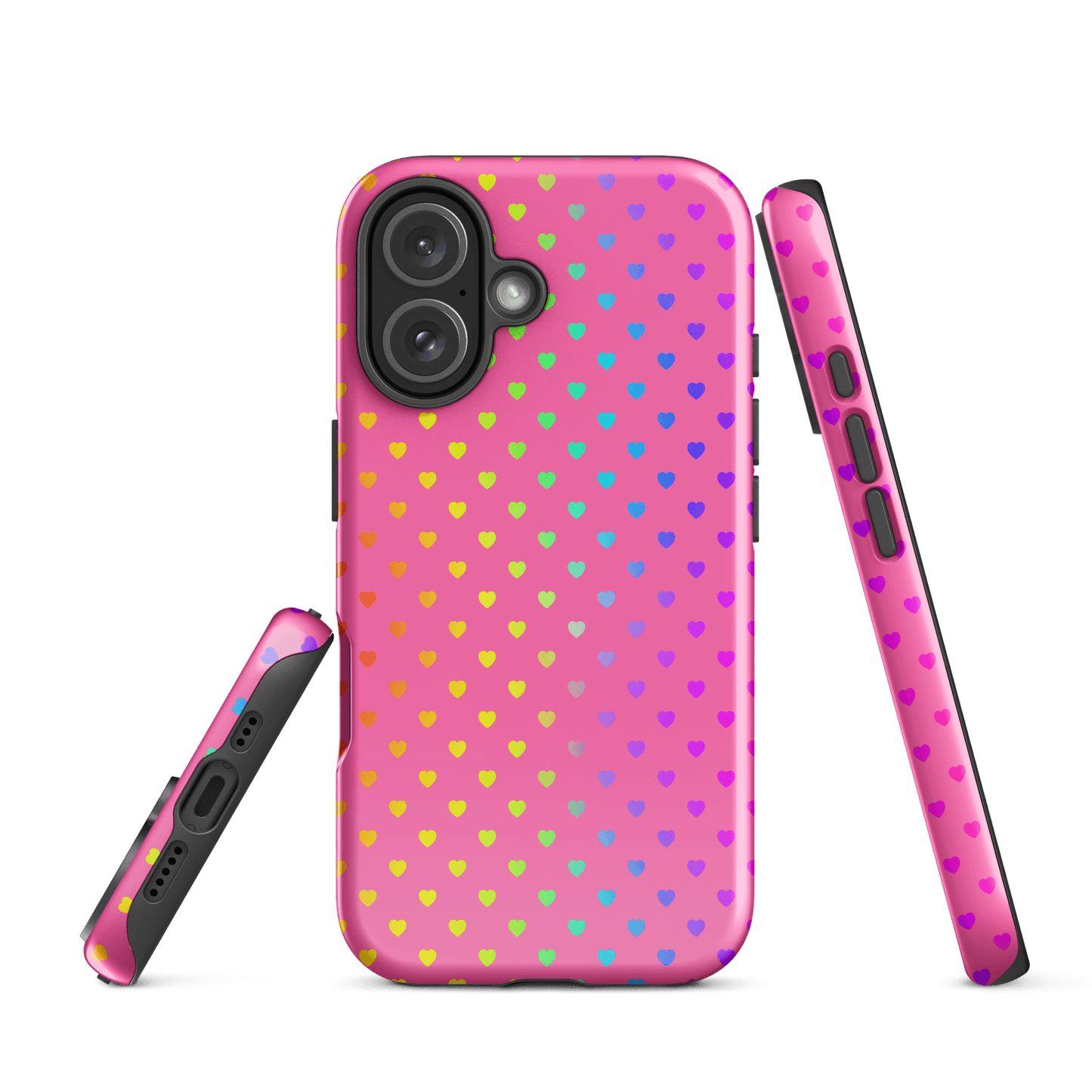 Phone Case for iPhone with cute rainbow hearts on pink background, showcasing colorful protection for your device.