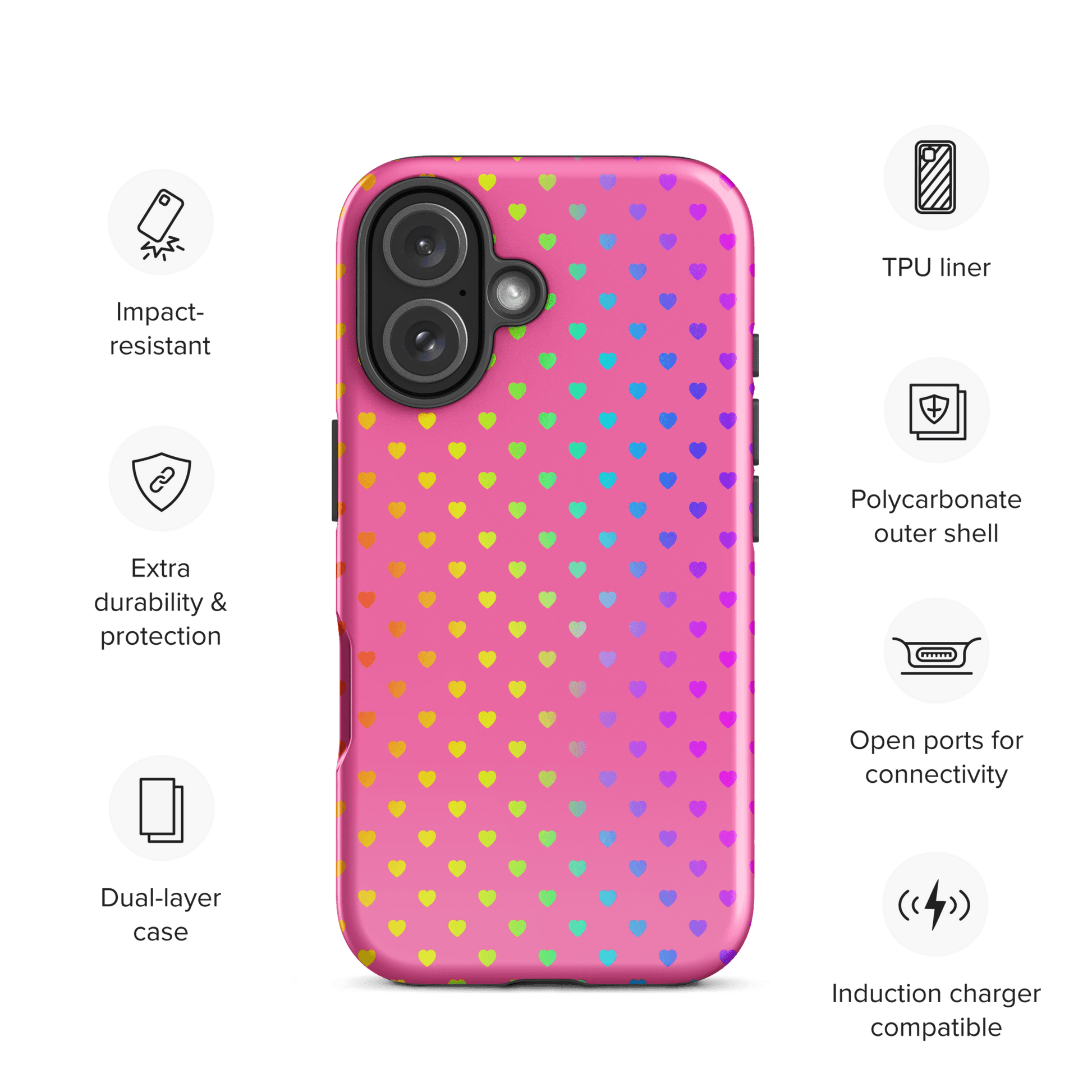 Phone Case for iPhone with cute rainbow hearts on a pink background, showcasing vibrant, playful design ideal for colorful style lovers.