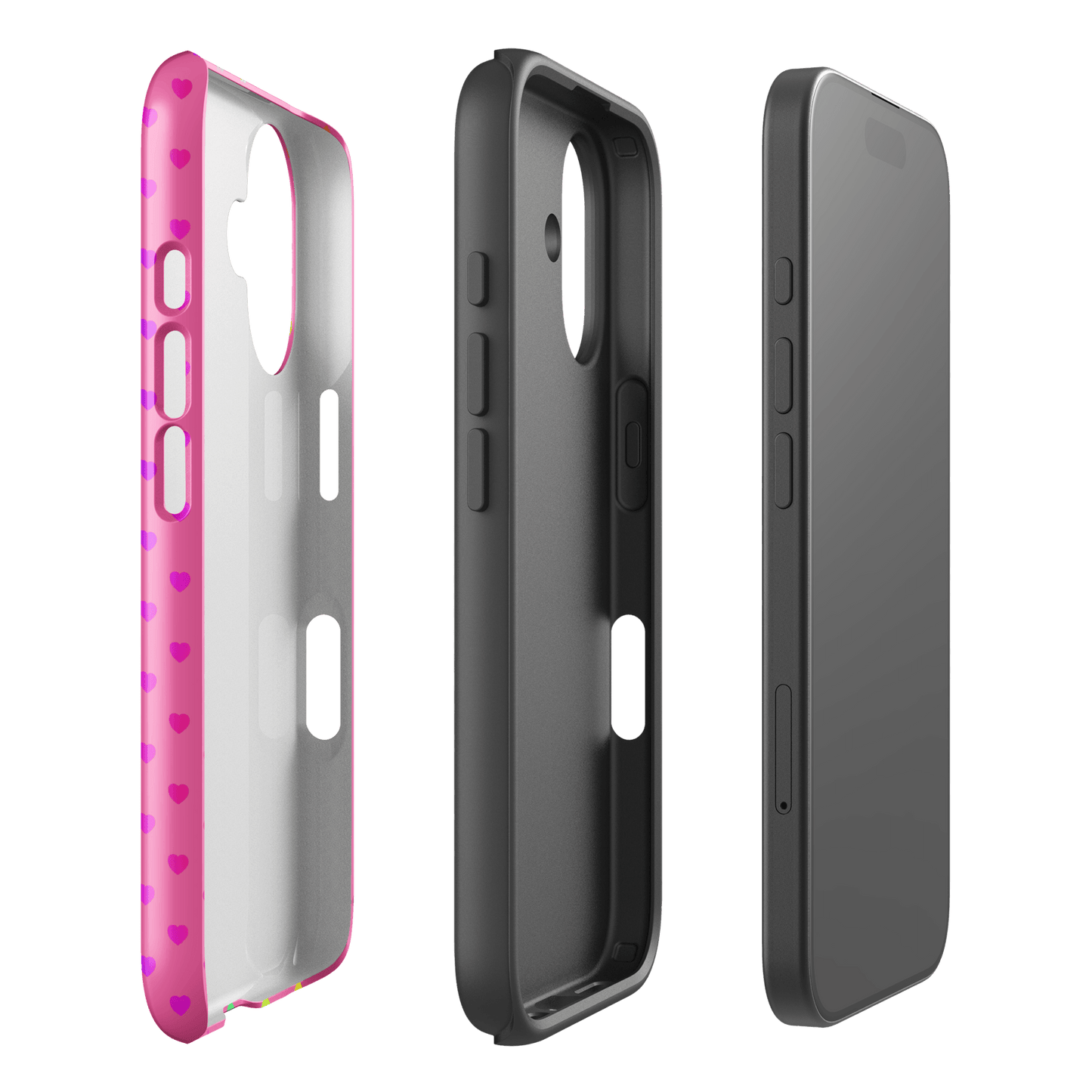 Phone Case for iPhone with cute rainbow hearts design on pink backdrop, showcasing dual-layer construction for stylish protection.