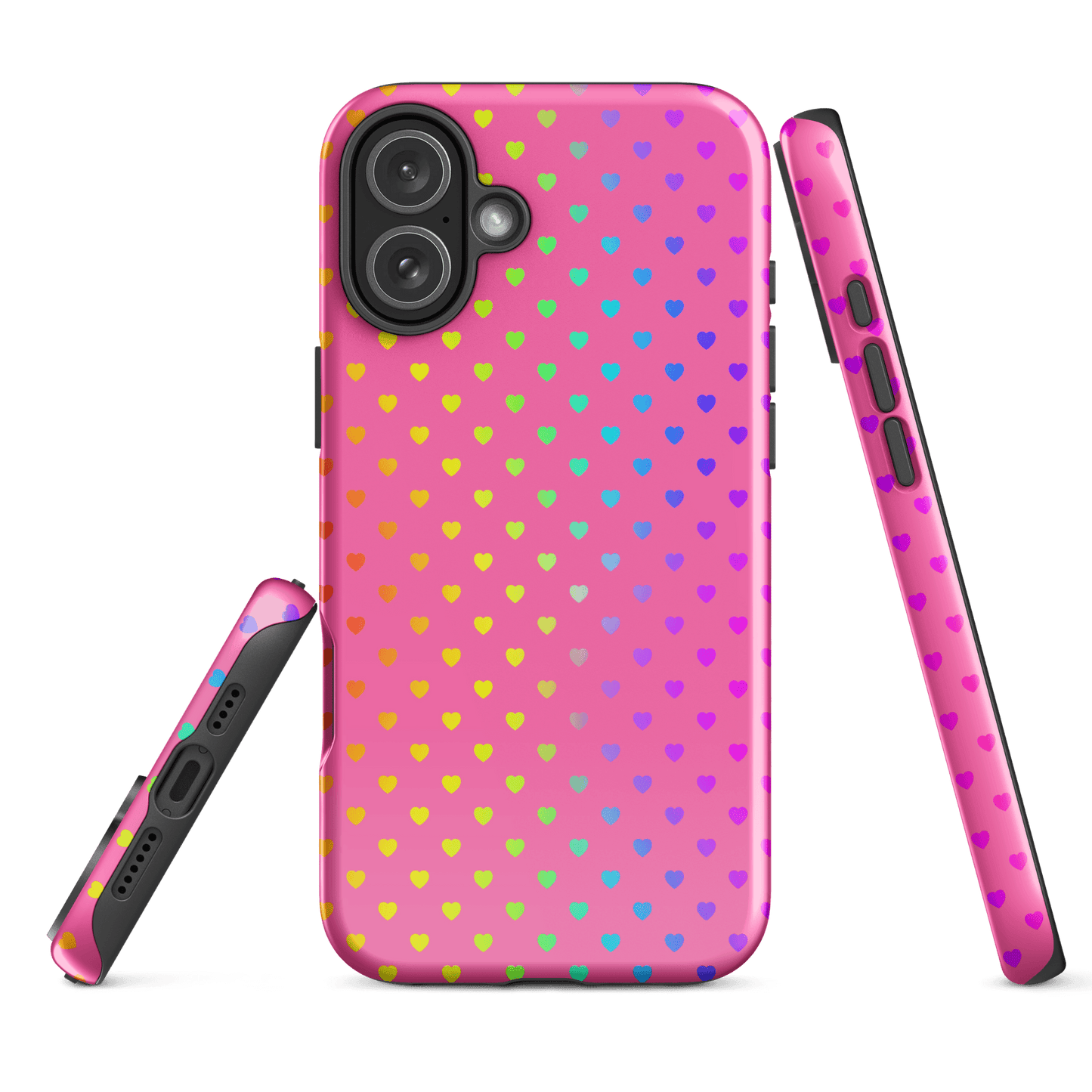 Phone Case for iPhone with cute rainbow heart design on a pink background, showcasing vibrant colors and playful style.