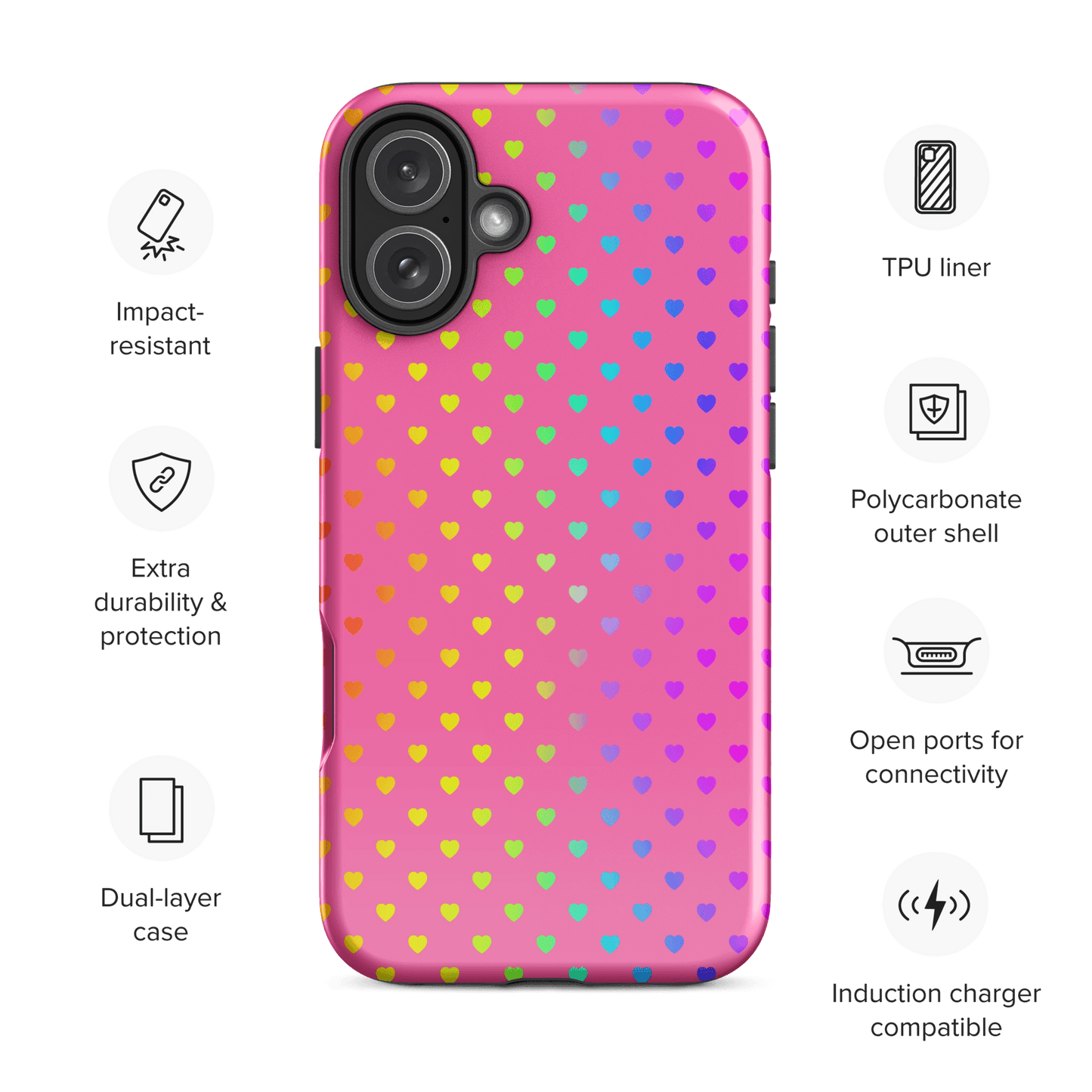 Phone Case for iPhone with cute rainbow hearts and pink background offering dual-layer protection.
