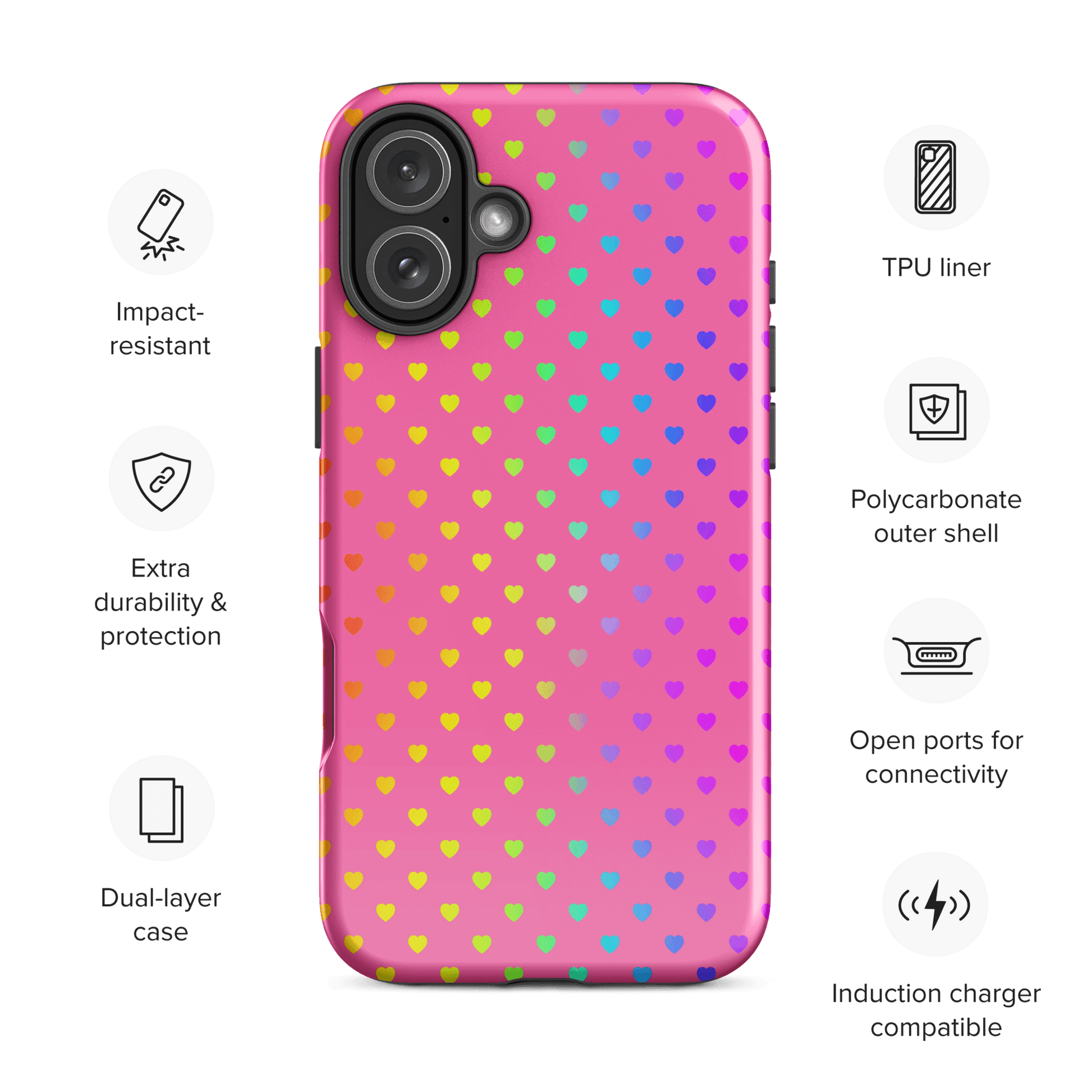 Phone Case for iPhone with cute rainbow hearts and pink background offering dual-layer protection.