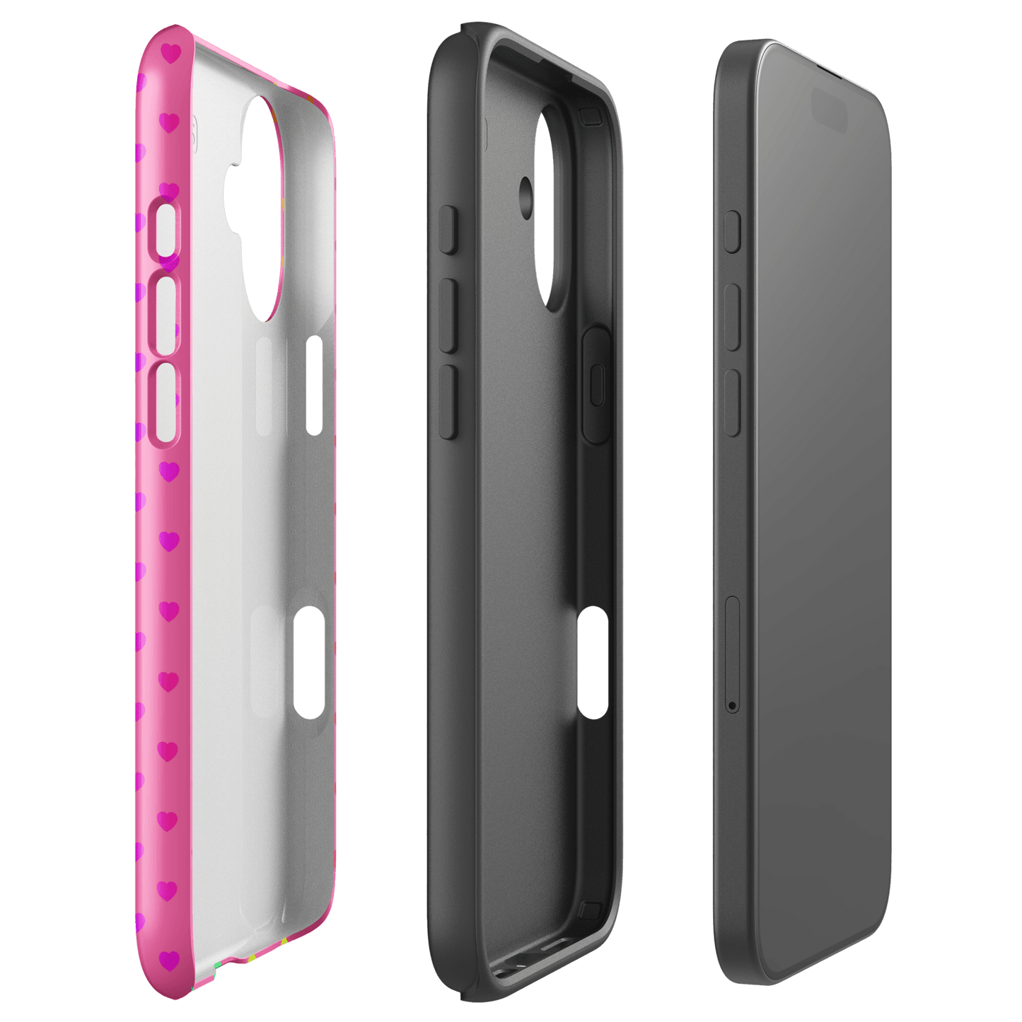 Phone Case for iPhone - Cute Rainbow Hearts, showing colorful and protective design on pink backdrop with dual-layer construction.