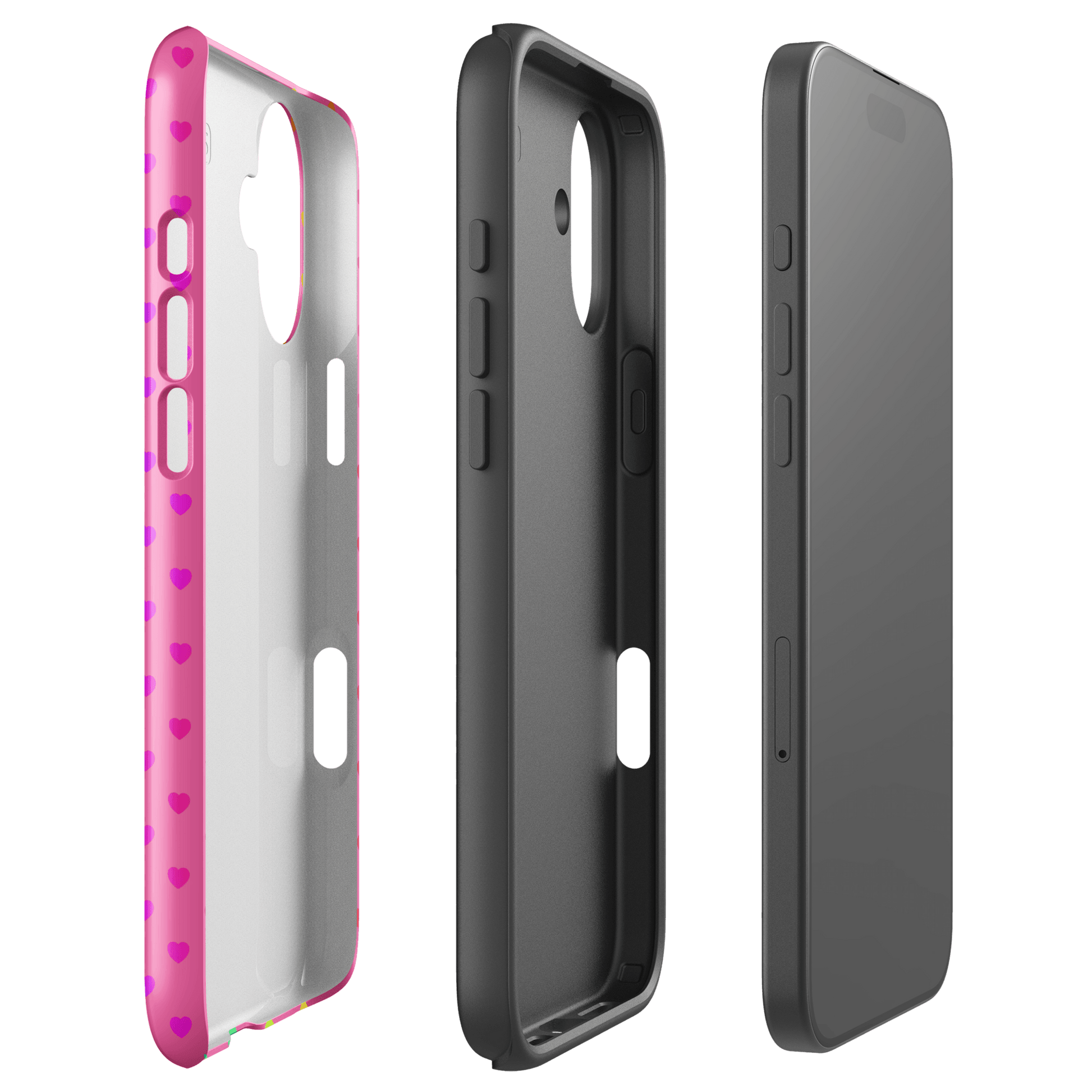 Phone Case for iPhone - Cute Rainbow Hearts, showing colorful and protective design on pink backdrop with dual-layer construction.