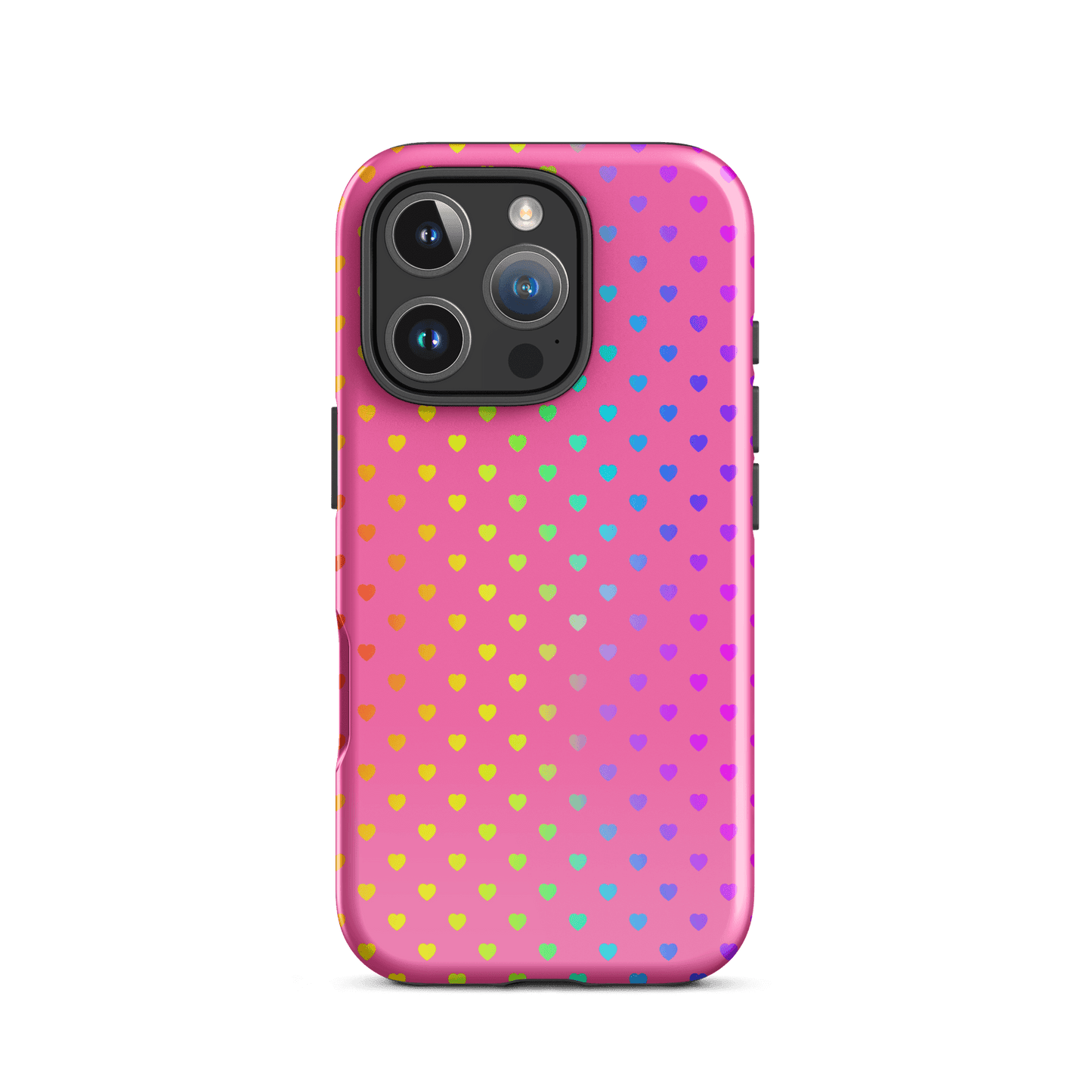 Phone Case for iPhone with cute rainbow hearts on pink backdrop, colorful and protective design.