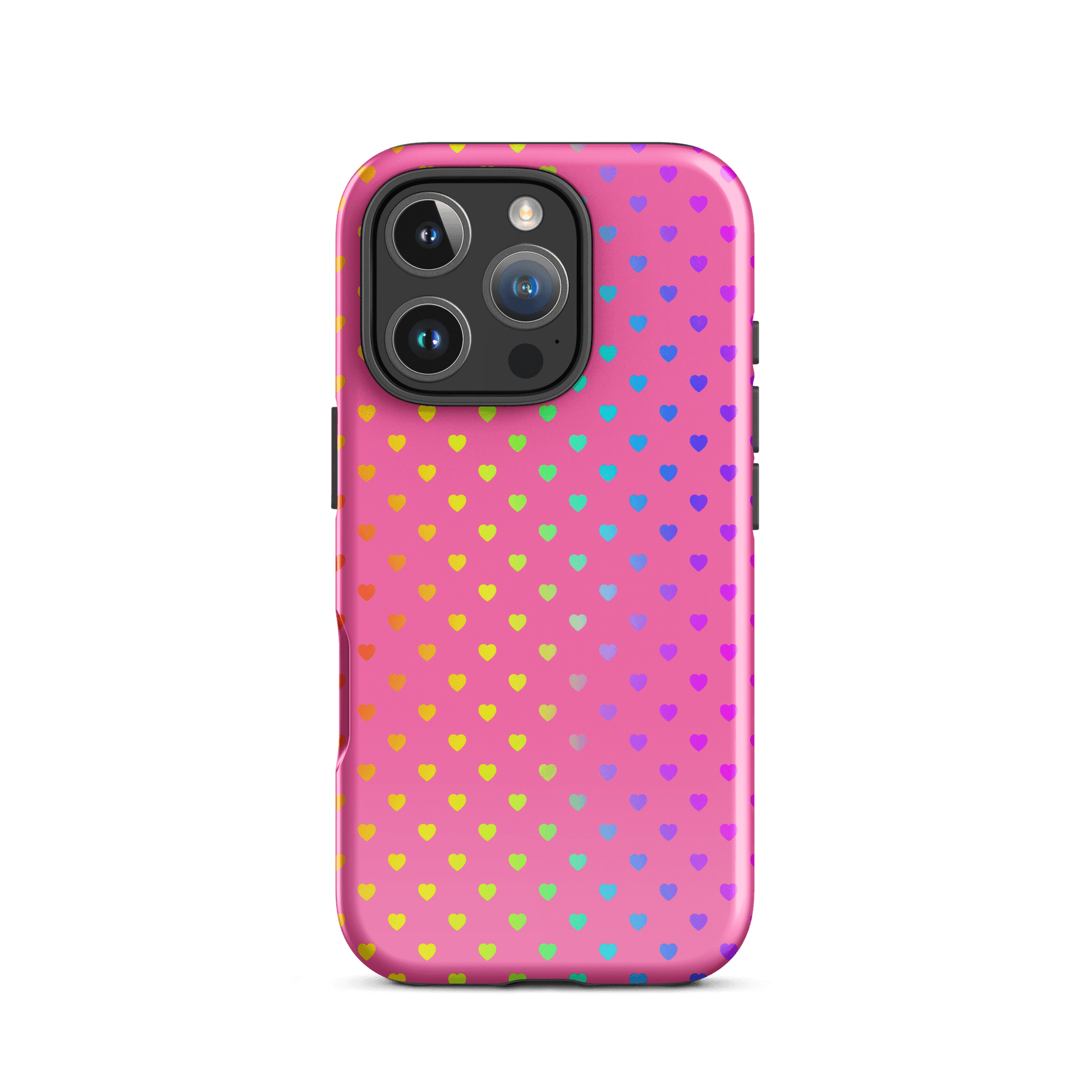 Phone Case for iPhone with cute rainbow hearts on pink backdrop, colorful and protective design.