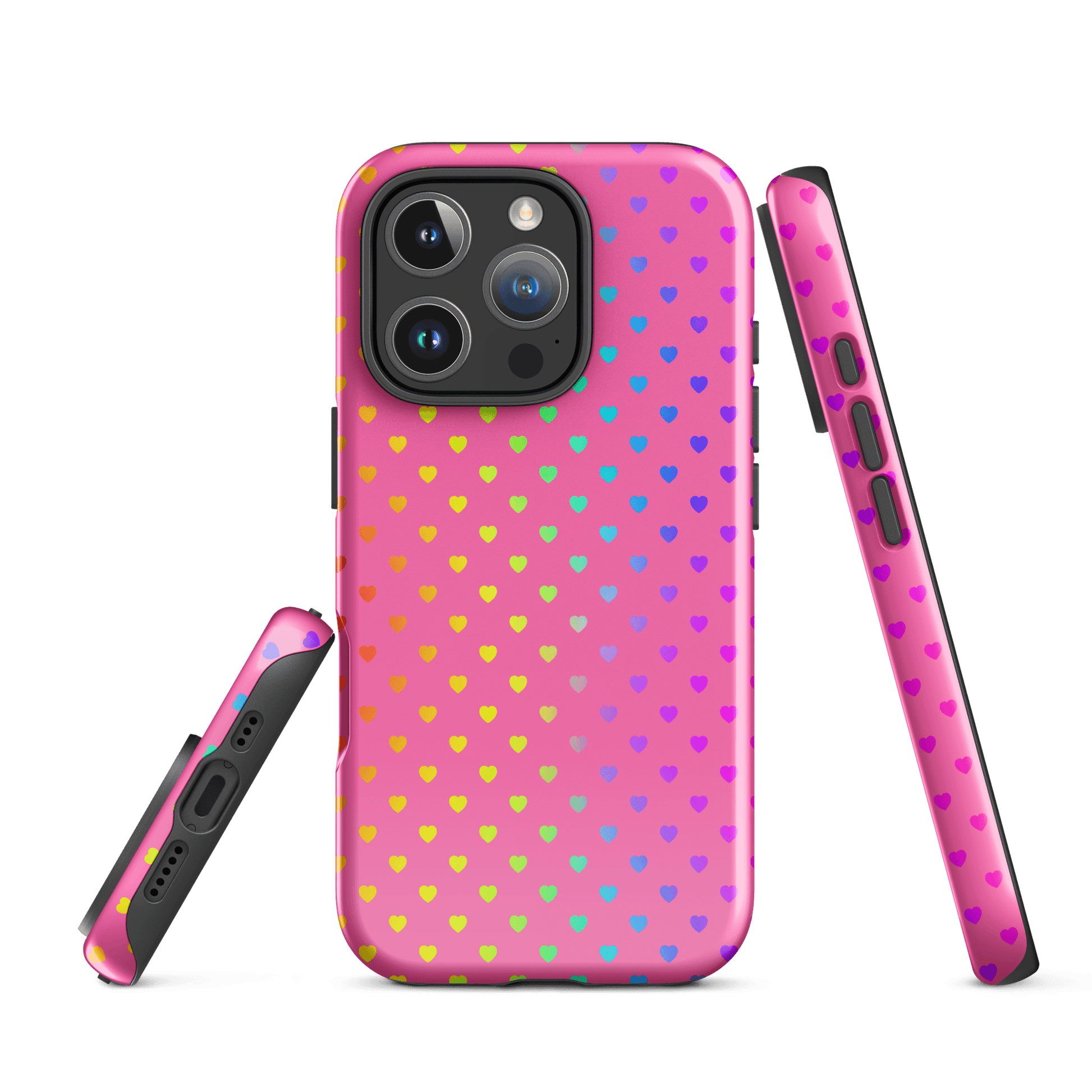 Phone Case for iPhone with cute rainbow hearts on pink backdrop, colorful and protective design.