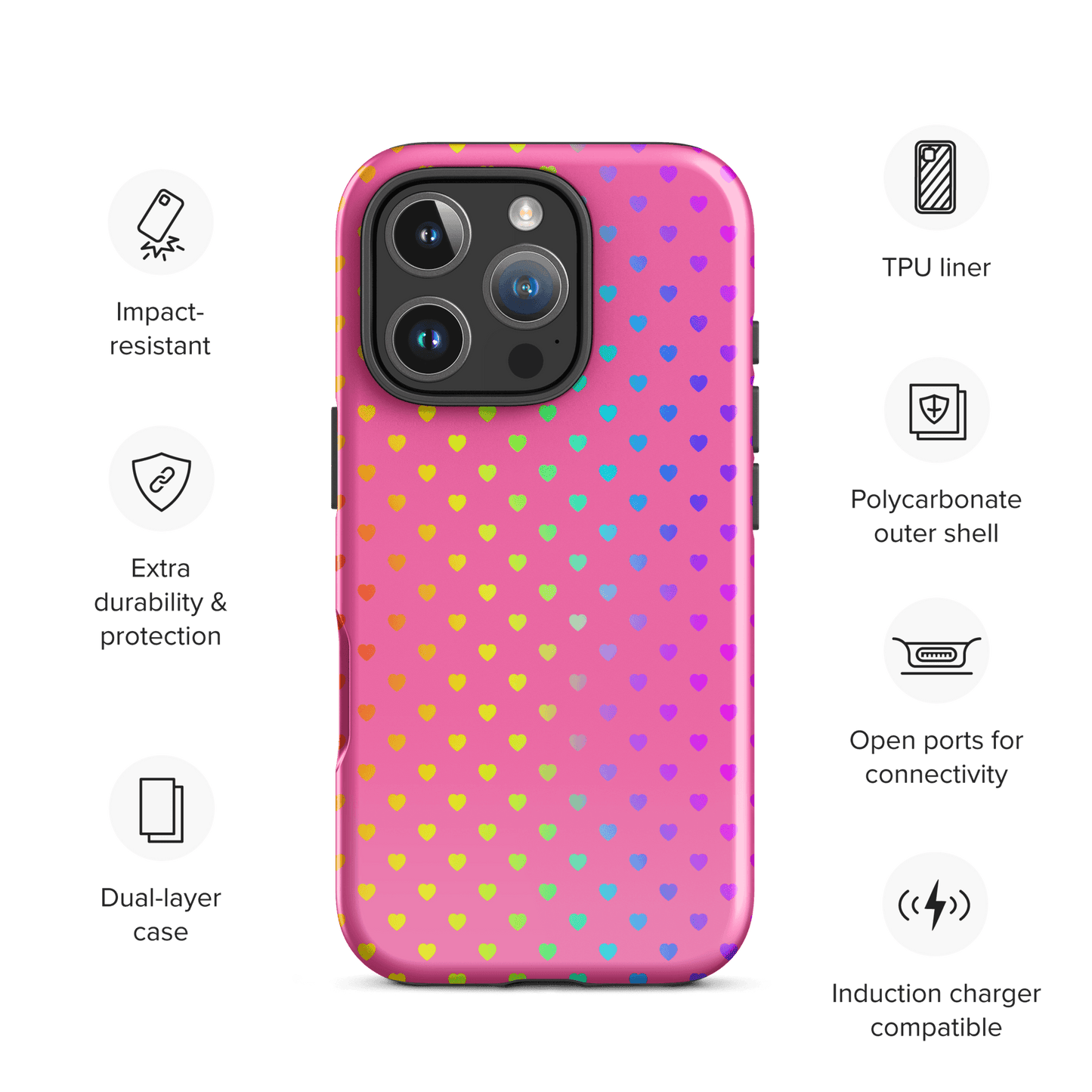 Phone Case for iPhone with cute rainbow hearts on pink background, showcasing durability and charm.