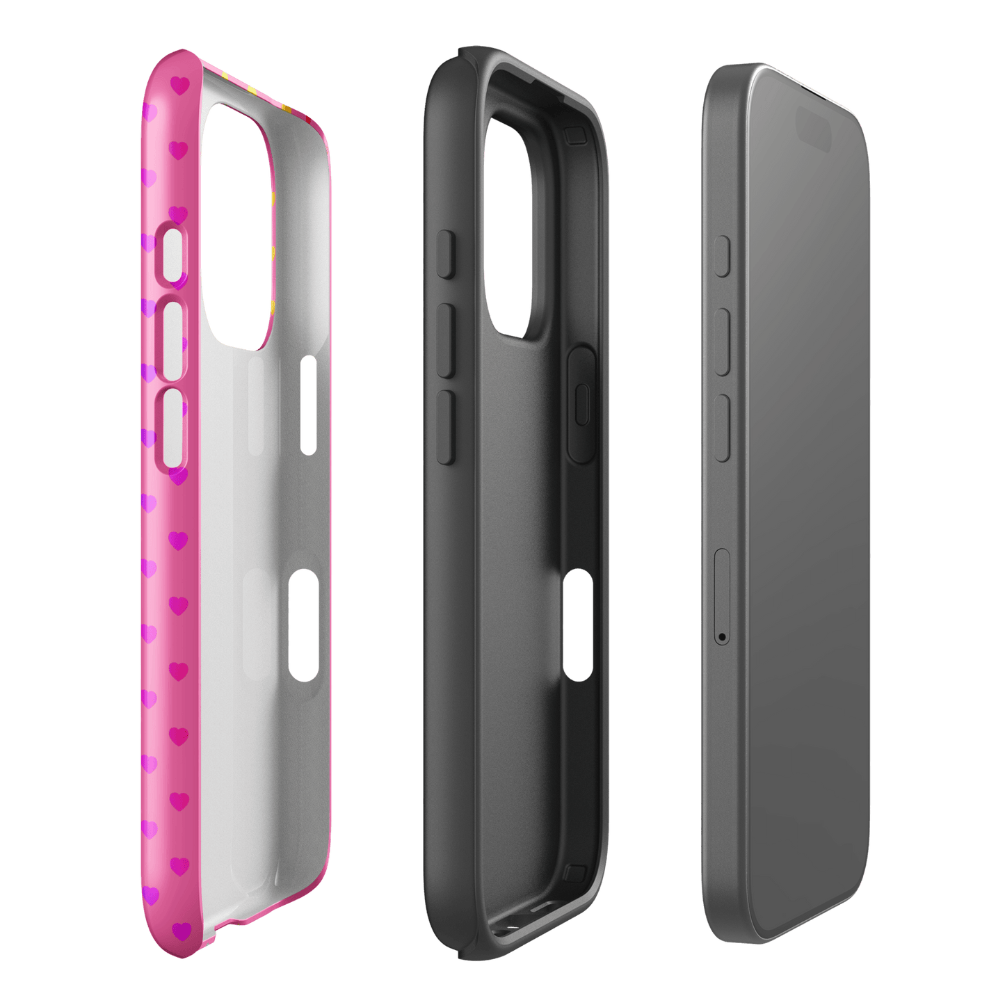 Phone Case for iPhone with cute rainbow hearts, dual-layer construction, and a pink backdrop shown in three parts.