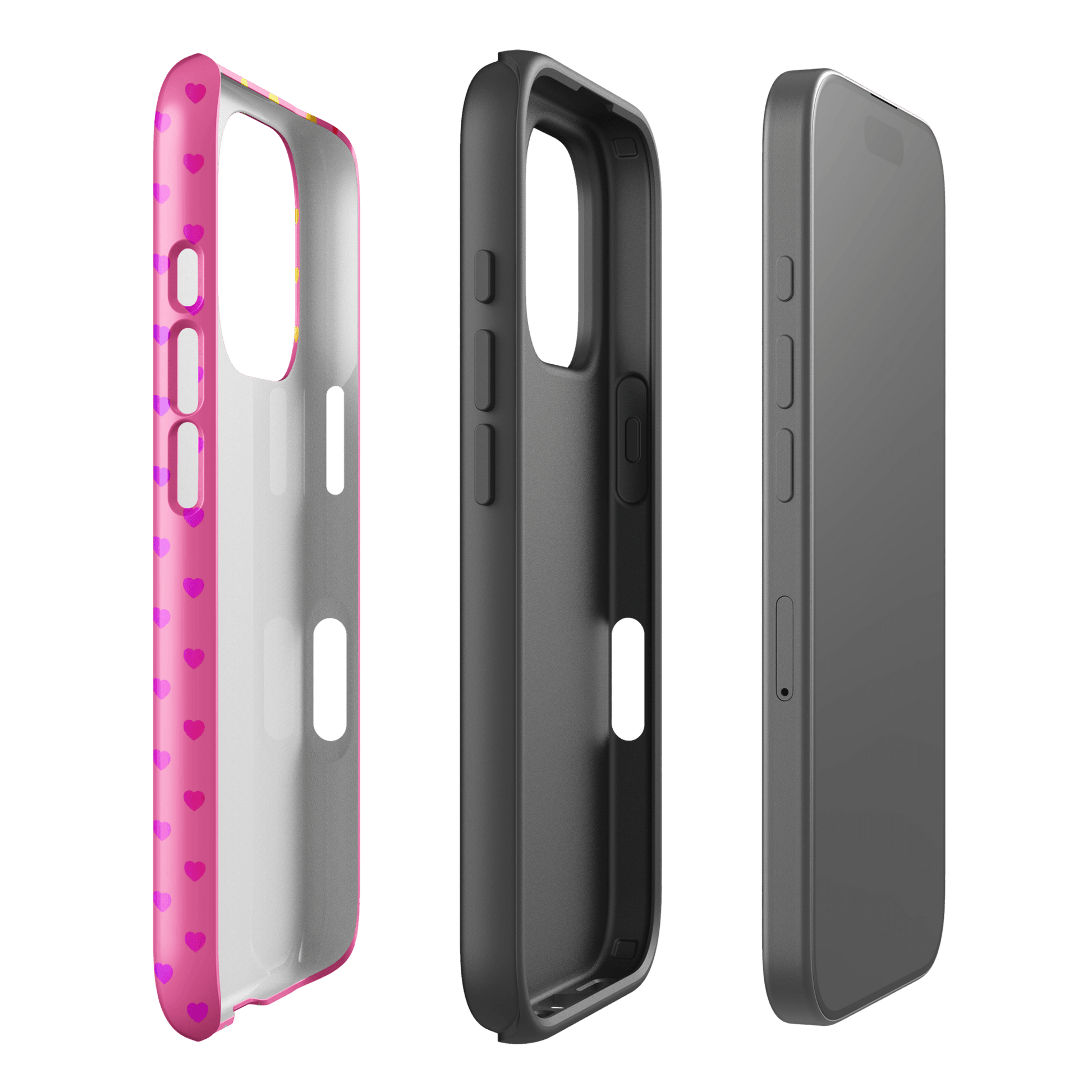 Phone Case for iPhone with cute rainbow hearts, dual-layer construction, and a pink backdrop shown in three parts.