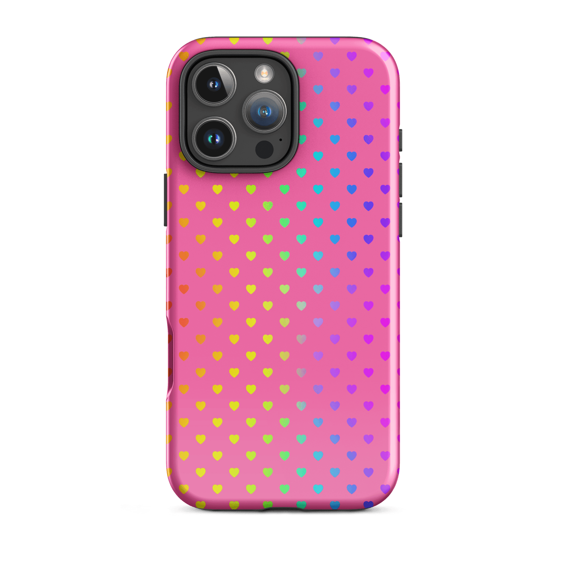 Phone Case for iPhone with cute rainbow hearts design on pink background, dual-layer construction for protection.