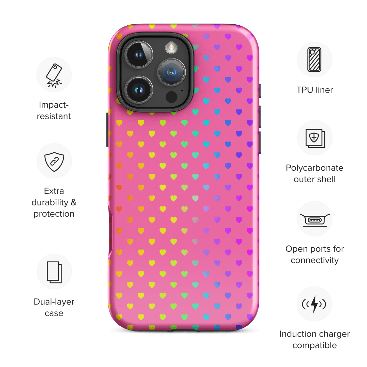 Phone Case for iPhone with colorful rainbow hearts on pink background, dual-layer protection for everyday use.
