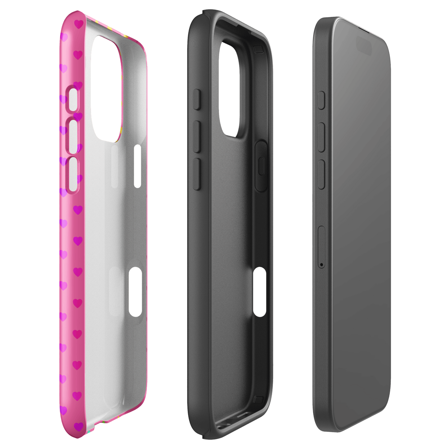 Phone Case for iPhone with cute rainbow heart design on a pink background, showcasing dual-layer protection and vibrant style.