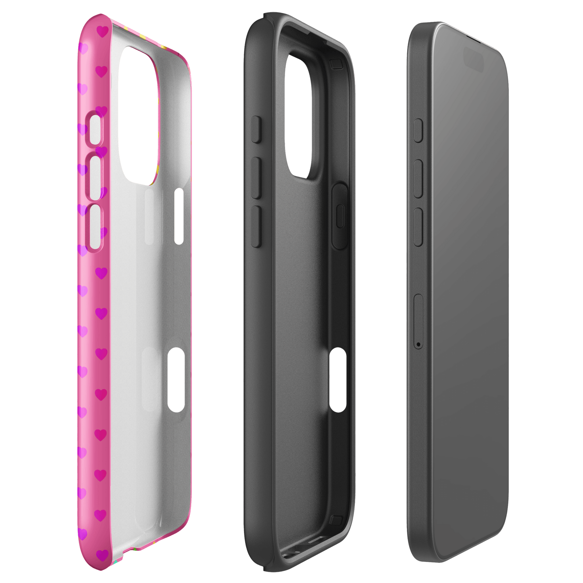 Phone Case for iPhone with cute rainbow heart design on a pink background, showcasing dual-layer protection and vibrant style.