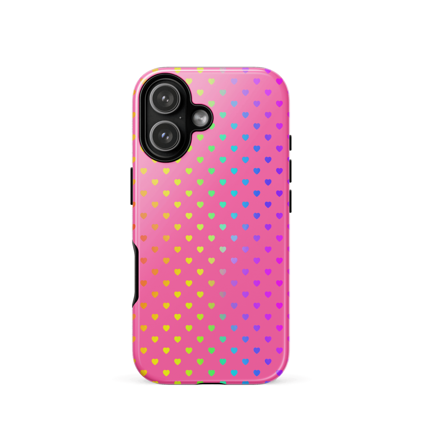 Phone Case for iPhone with cute rainbow hearts on a pink background, colorful and charming design for smartphone protection.
