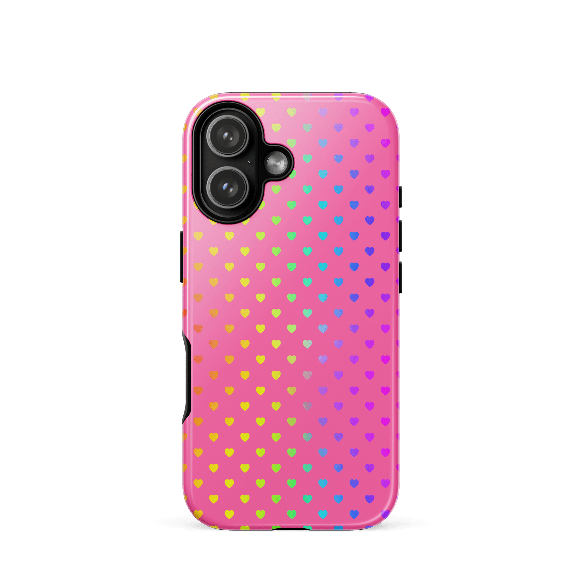 Phone Case for iPhone with cute rainbow hearts on a pink background, colorful and charming design for smartphone protection.