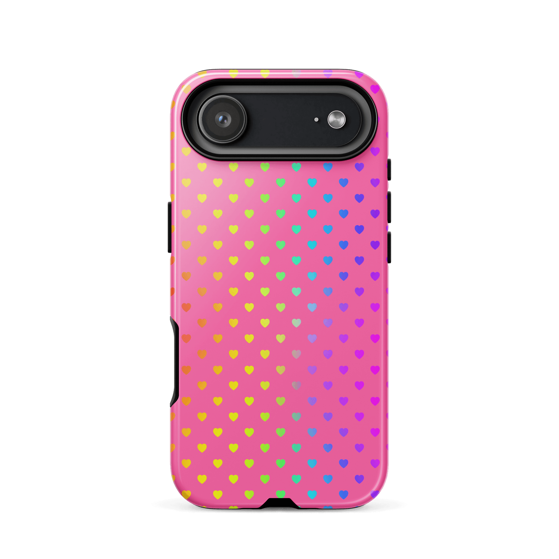 Phone Case for iPhone with cute rainbow hearts on pink background, colorful and cheerful design, unique style accessory