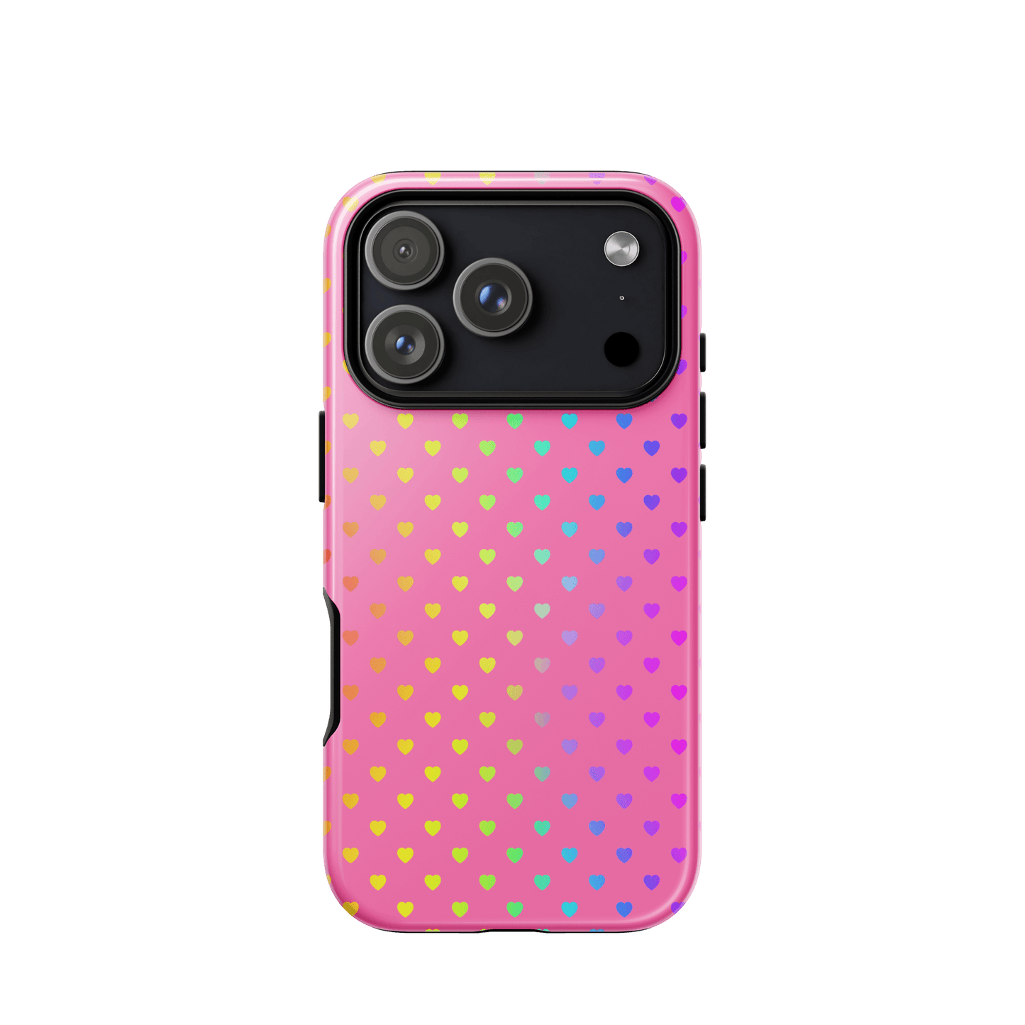 Colorful Phone Case for iPhone with rainbow hearts on pink background, dual-layer construction for protection and style.