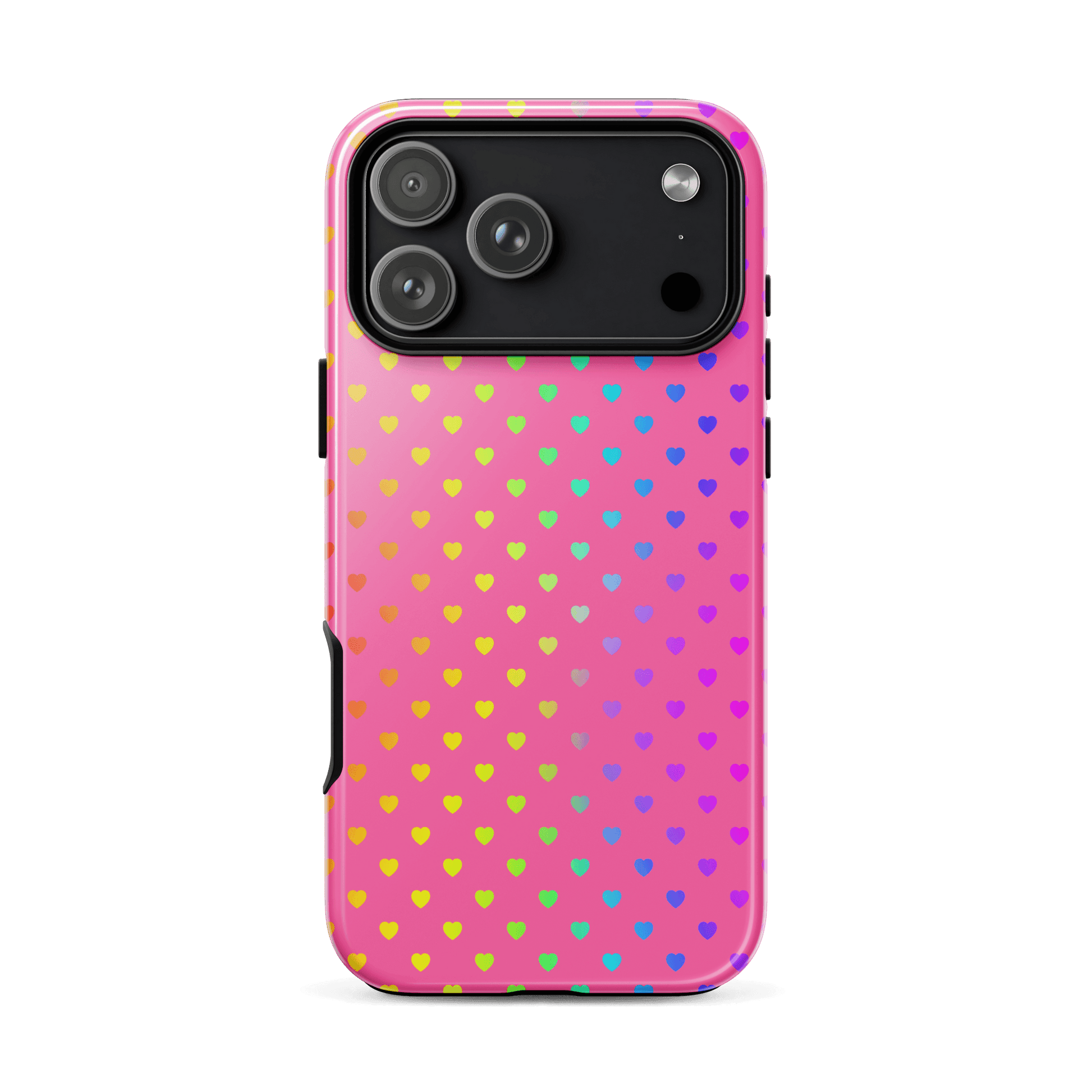 Phone Case for iPhone with playful rainbow hearts on pink background, adding a cheerful vibe to your device.