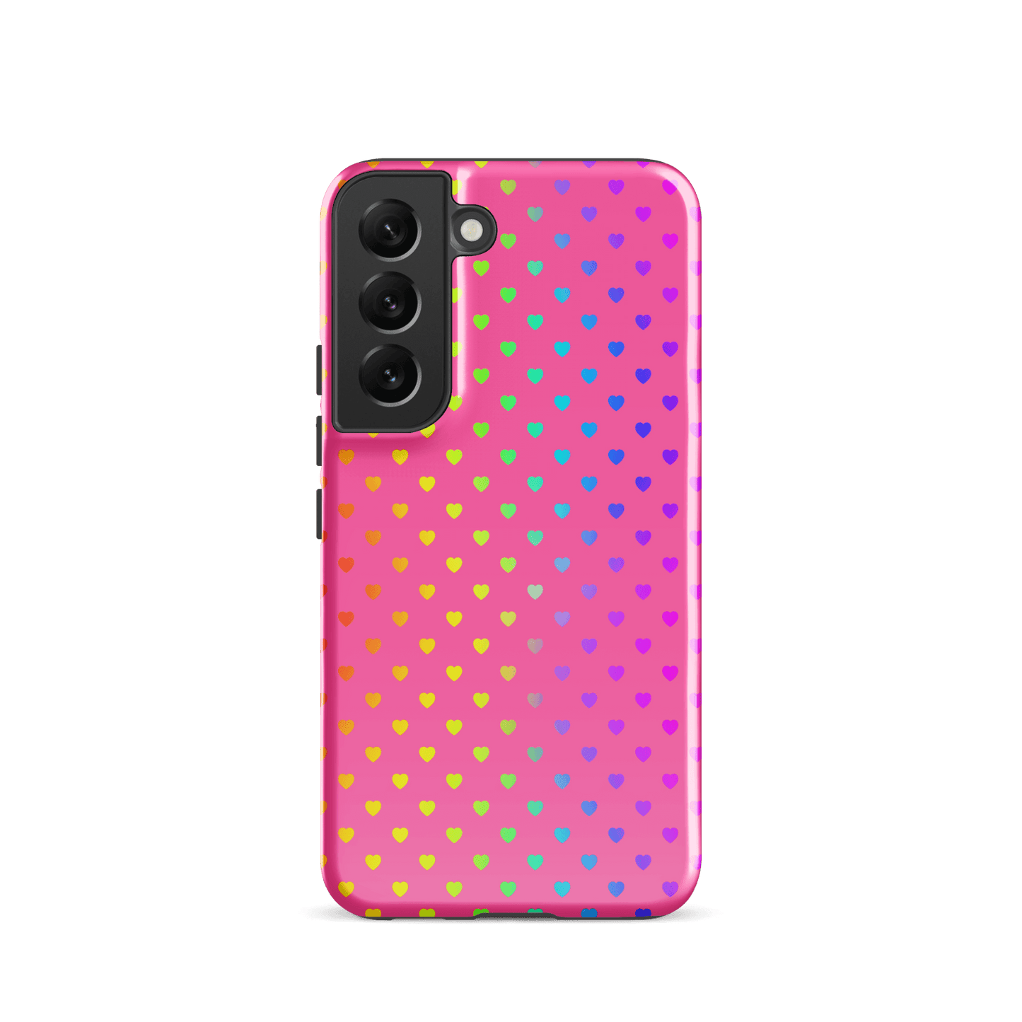 Phone case for Samsung Galaxy with cute rainbow hearts on pink background