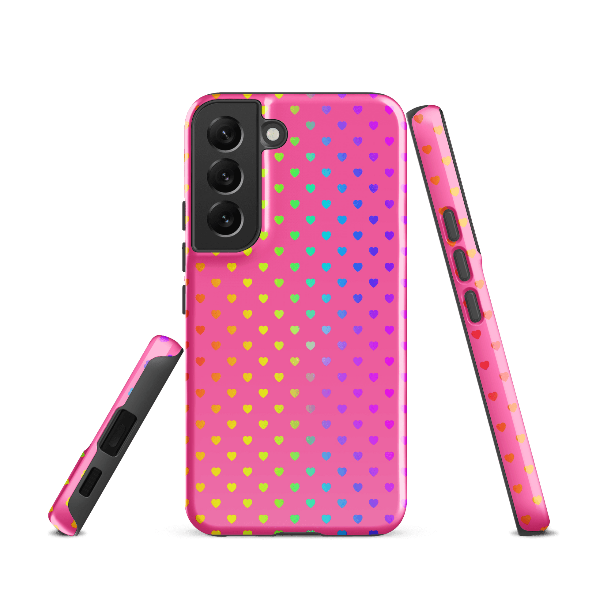 Phone case for Samsung Galaxy with cute rainbow hearts design on a pink background, offering colorful protection and charm.