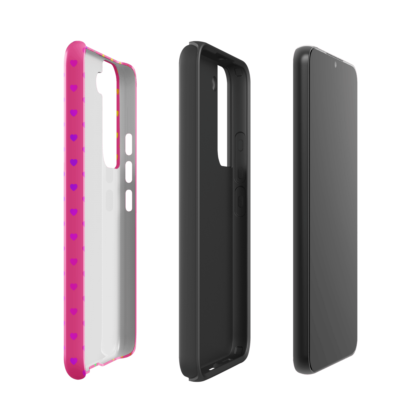 Cute rainbow hearts phone case for Samsung Galaxy in pink with dual-layer design for added protection.
