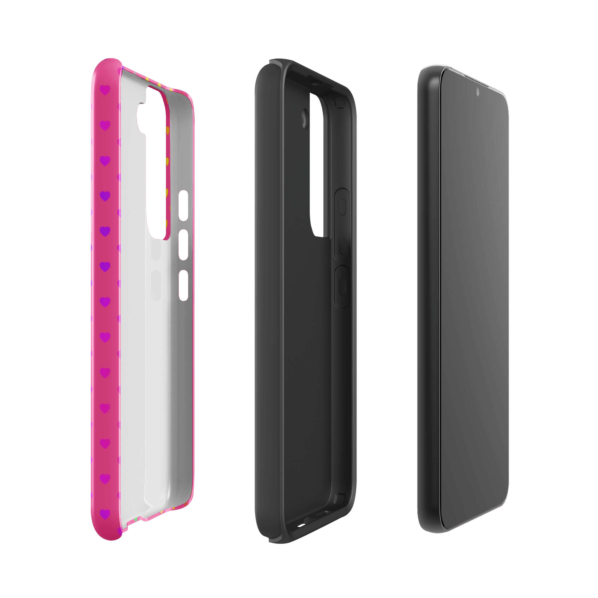 Cute rainbow hearts phone case for Samsung Galaxy in pink with dual-layer design for added protection.