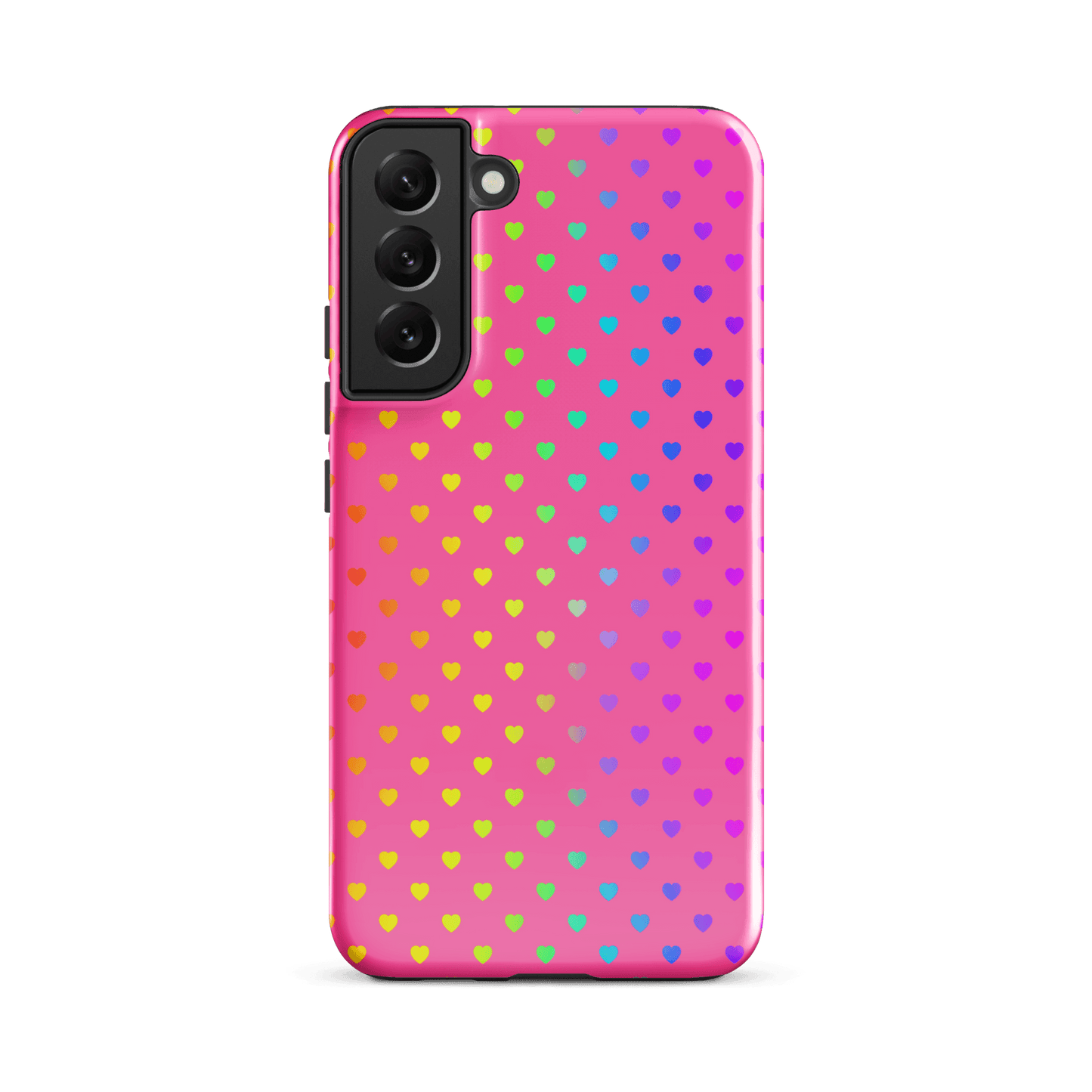 phone case with cute rainbow hearts design for Samsung Galaxy on pink background, dual-layer protection