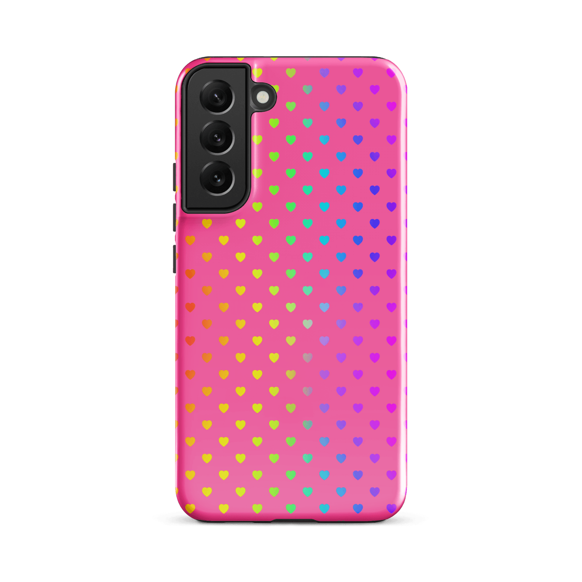 phone case with cute rainbow hearts design for Samsung Galaxy on pink background, dual-layer protection