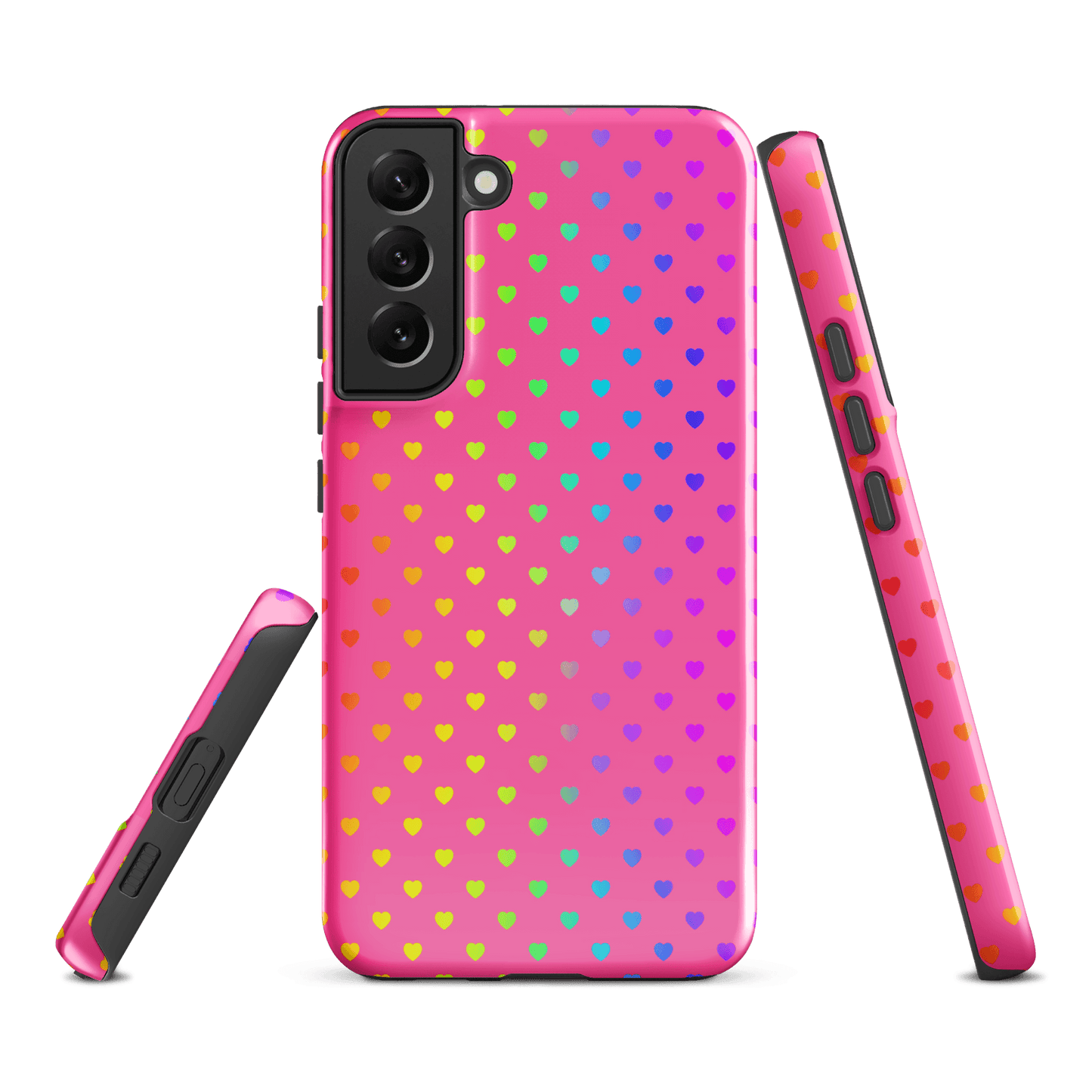 phone case for Samsung Galaxy with cute rainbow hearts on pink backdrop, dual-layer protection, colorful and cheerful design