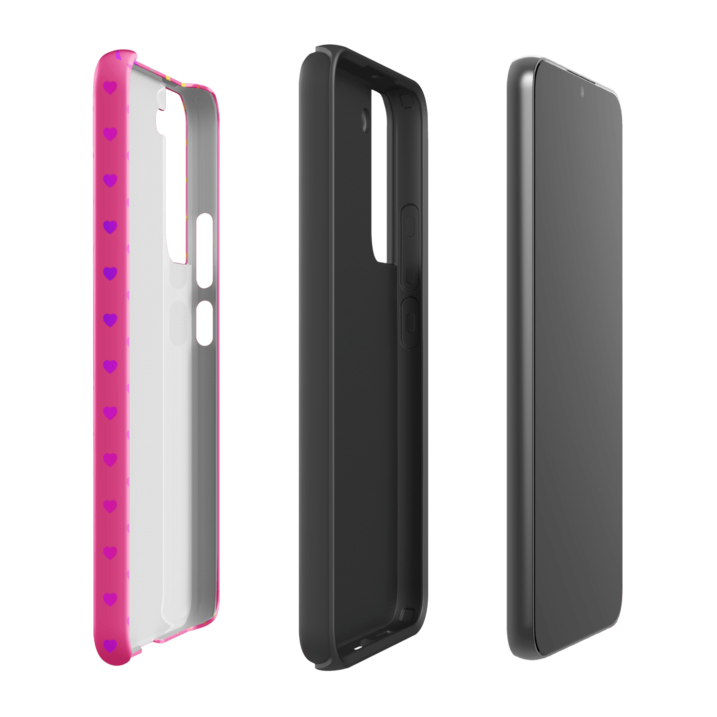 Cute rainbow hearts phone case for Samsung Galaxy with dual-layer protection and colorful design on pink backdrop, perfect for style lovers.