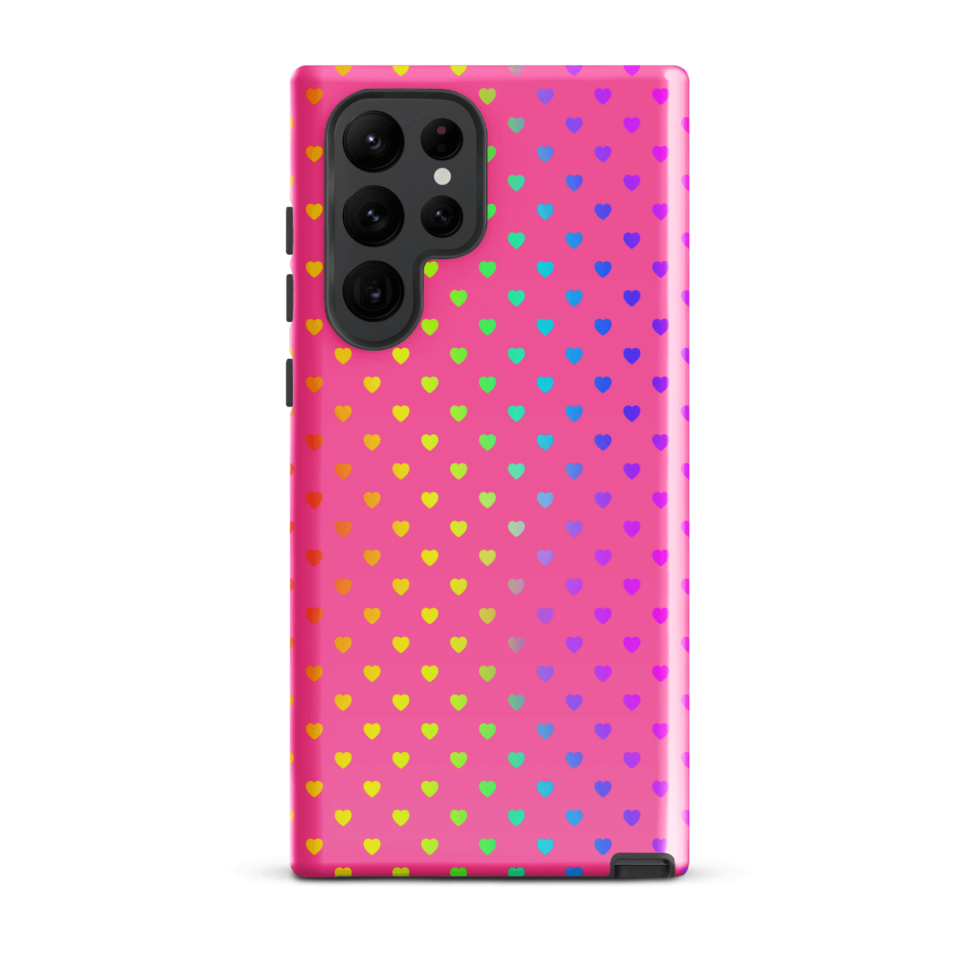 phone case for Samsung Galaxy with cute rainbow hearts design on pink backdrop