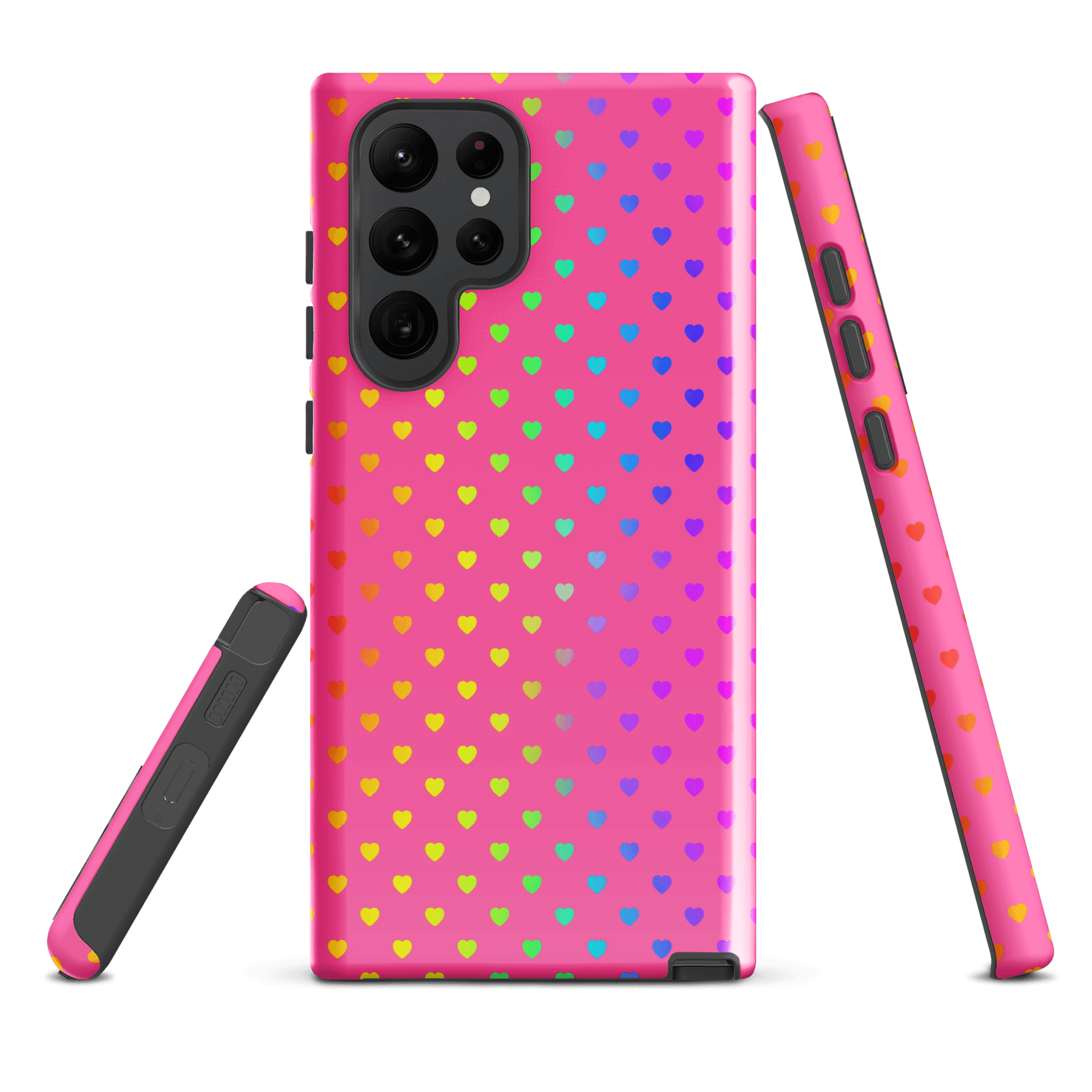 phone case with cute rainbow hearts design for Samsung Galaxy on bright pink background