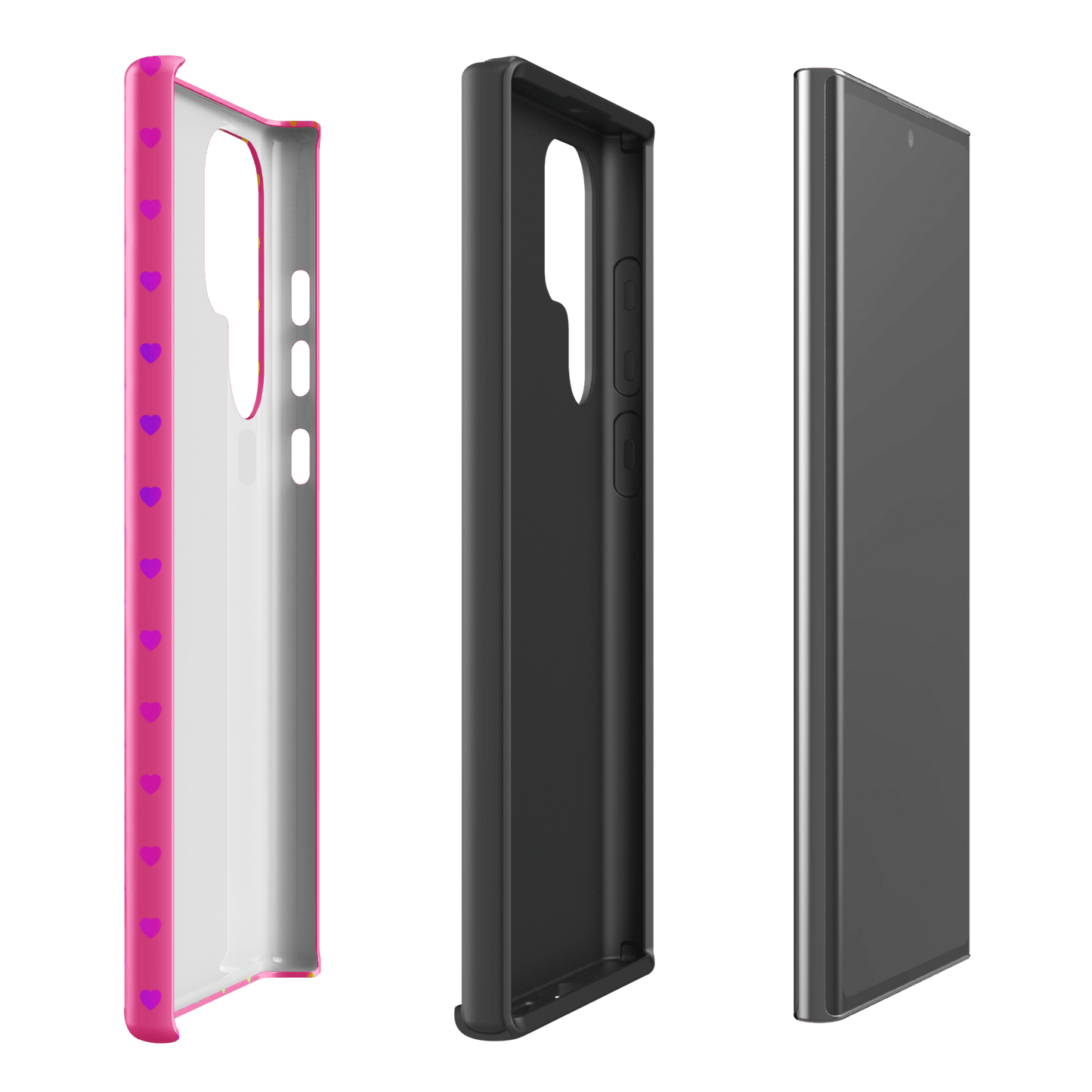 Phone case for Samsung Galaxy with cute rainbow hearts design on pink backdrop, showcasing colorful and protective dual-layer construction.