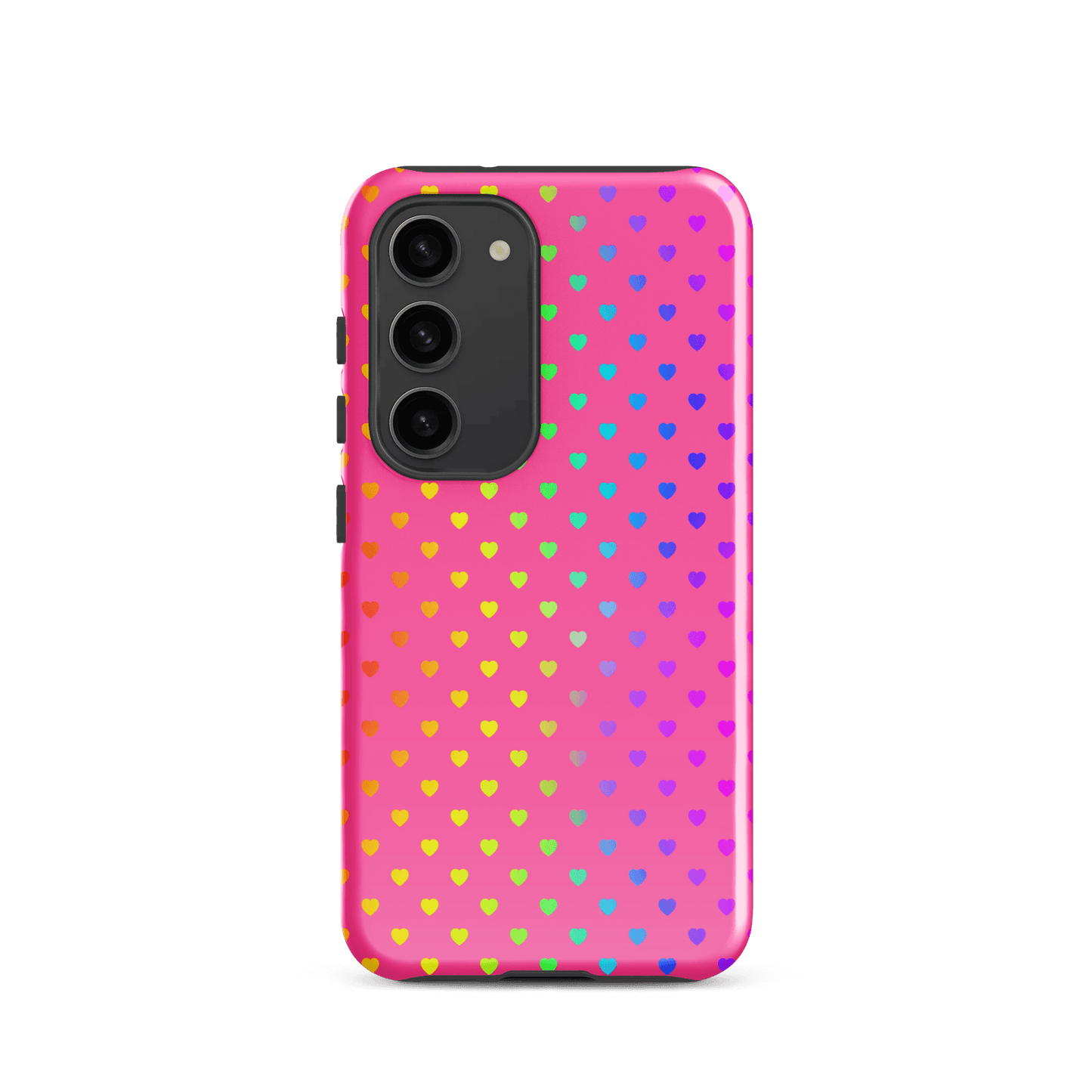phone case for Samsung Galaxy with cute rainbow hearts on pink background