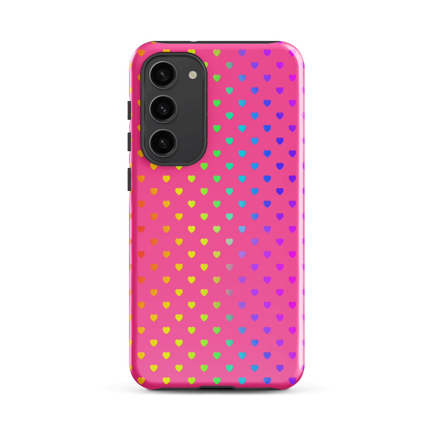 phone case with cute rainbow hearts design for Samsung Galaxy on pink backdrop