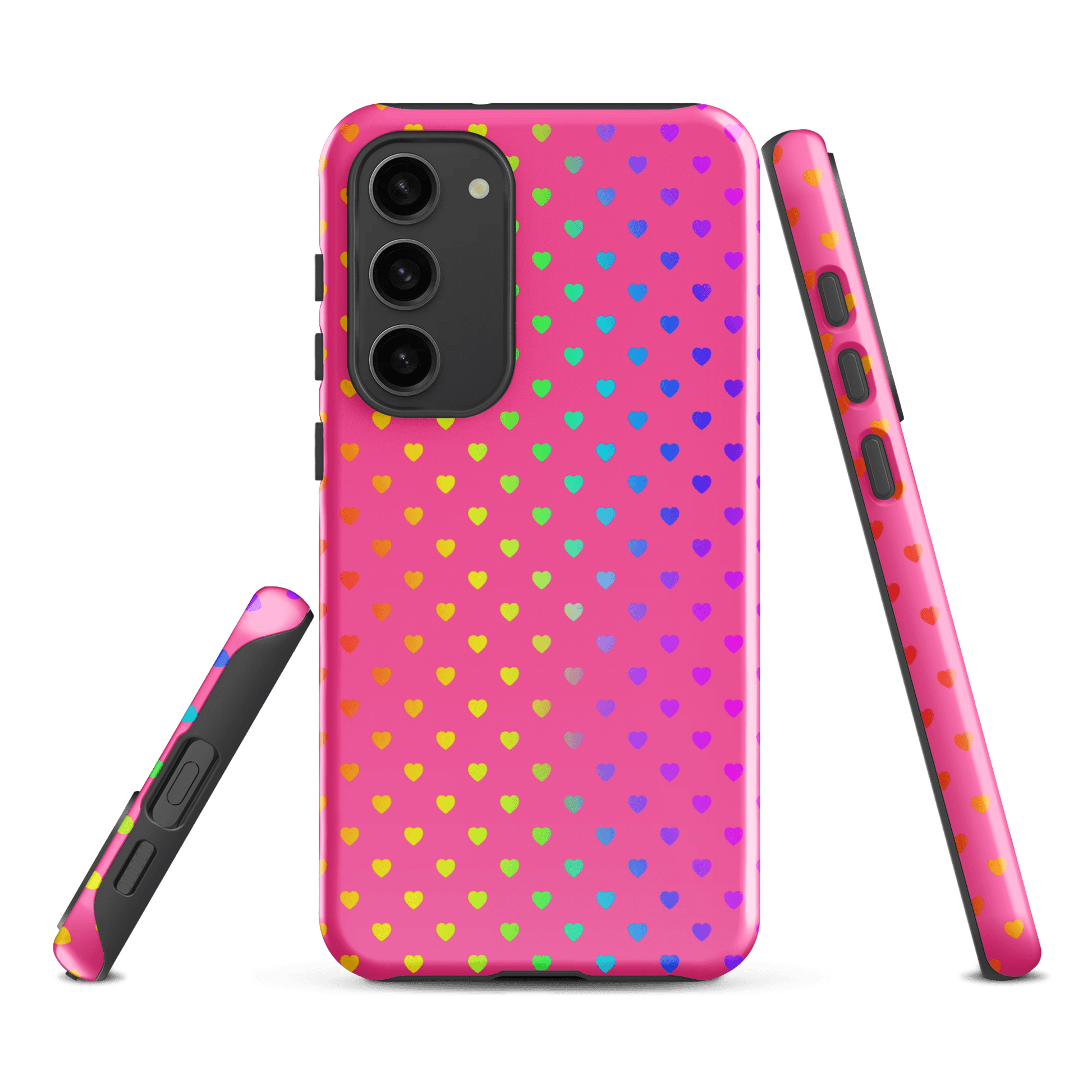 Phone case for Samsung Galaxy with cute rainbow hearts on pink backdrop, dual-layer design for protection.